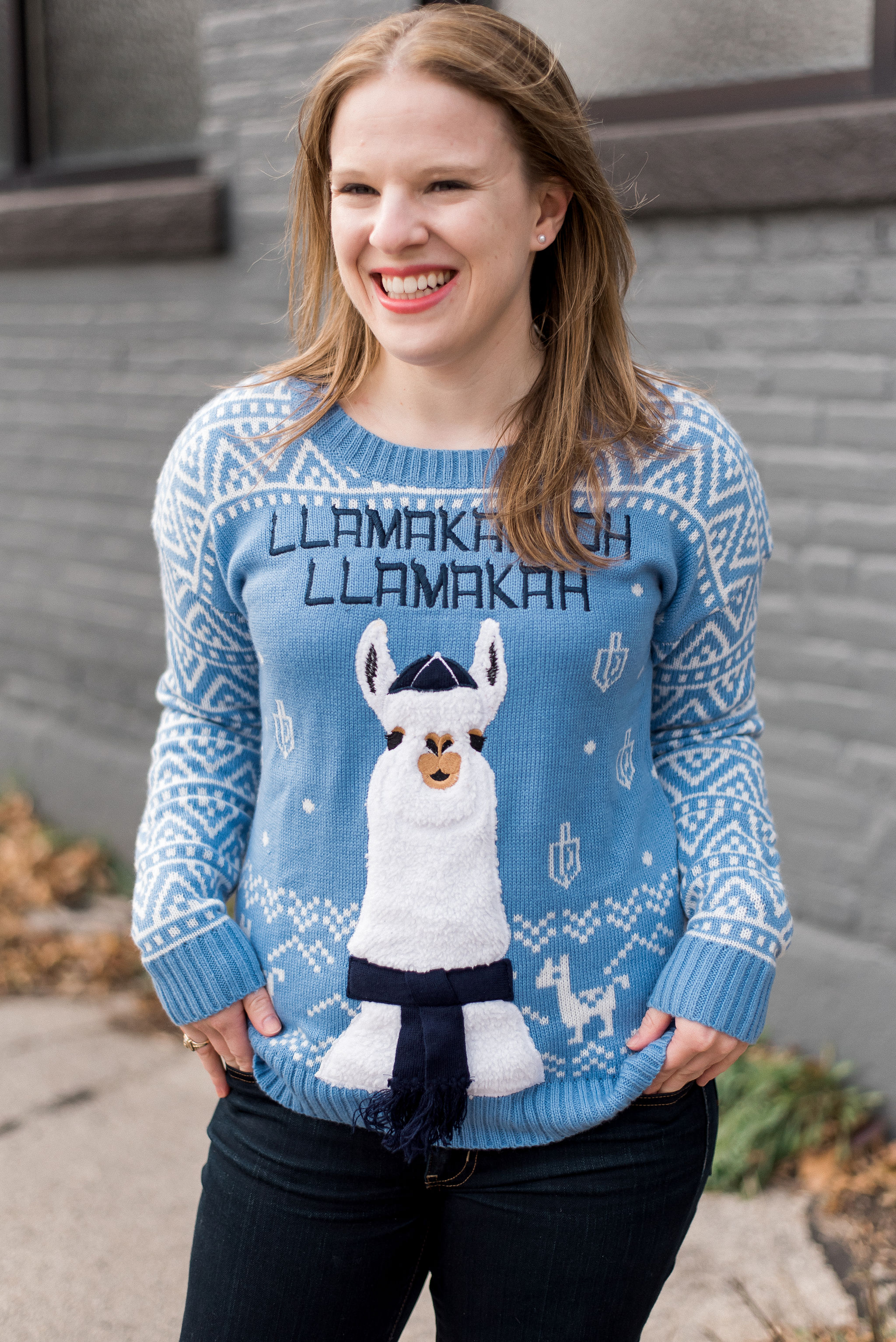 DC woman blogger wearing llama hanukkah sweater