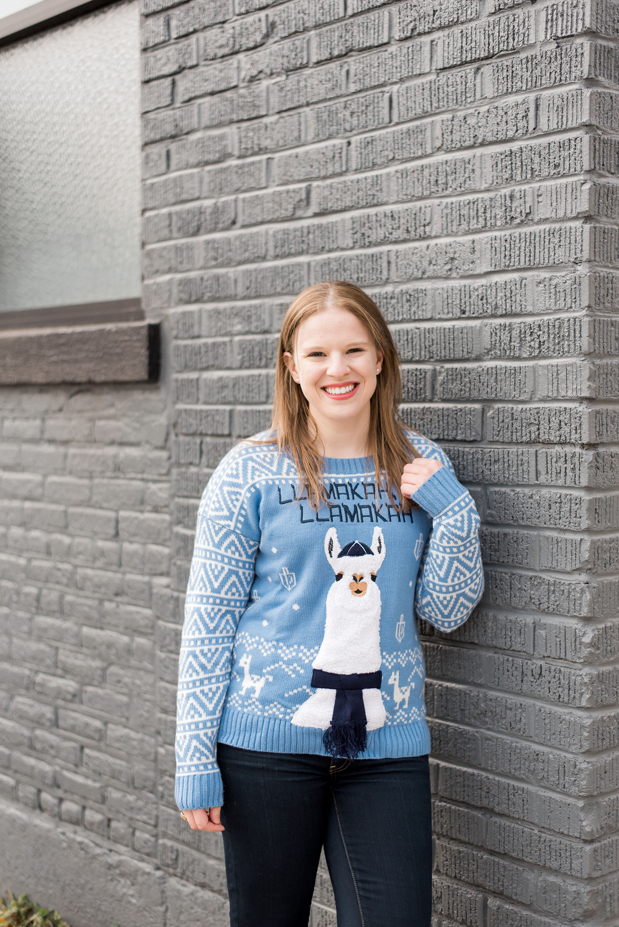 DC woman blogger wearing llama hanukkah sweater