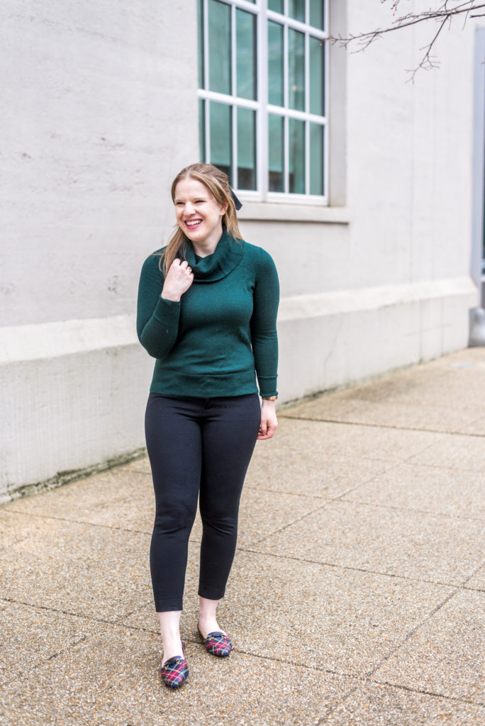 DC woman blogger wearing Talbots cowl neck sweater