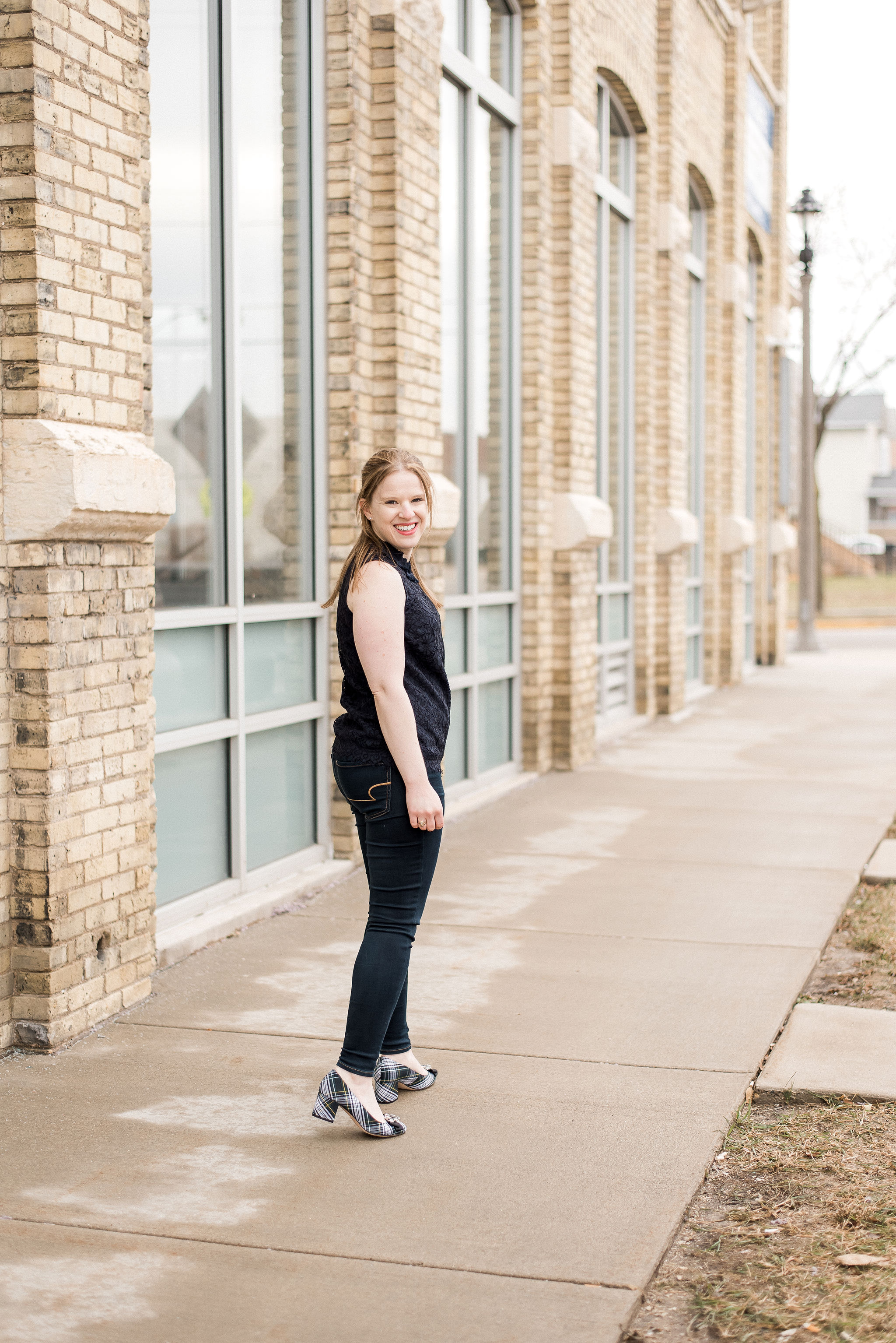 DC woman blogger wearing Talbots Plaid Heel