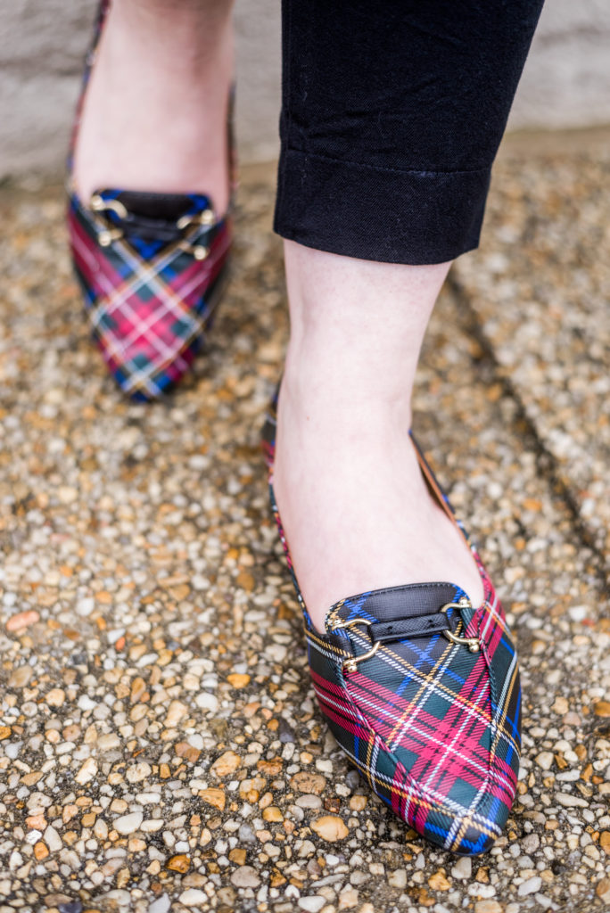 DC woman blogger wearing Talbots Francesca Driving Moccasins - Tartan Plaid