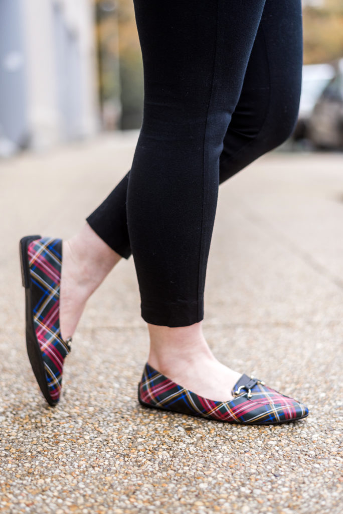 DC woman blogger wearing Talbots Francesca Driving Moccasins - Tartan Plaid