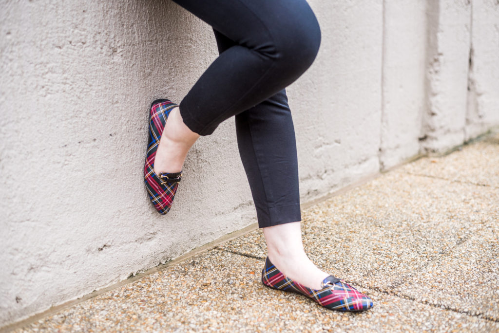 DC woman blogger wearing Talbots Francesca Driving Moccasins - Tartan Plaid