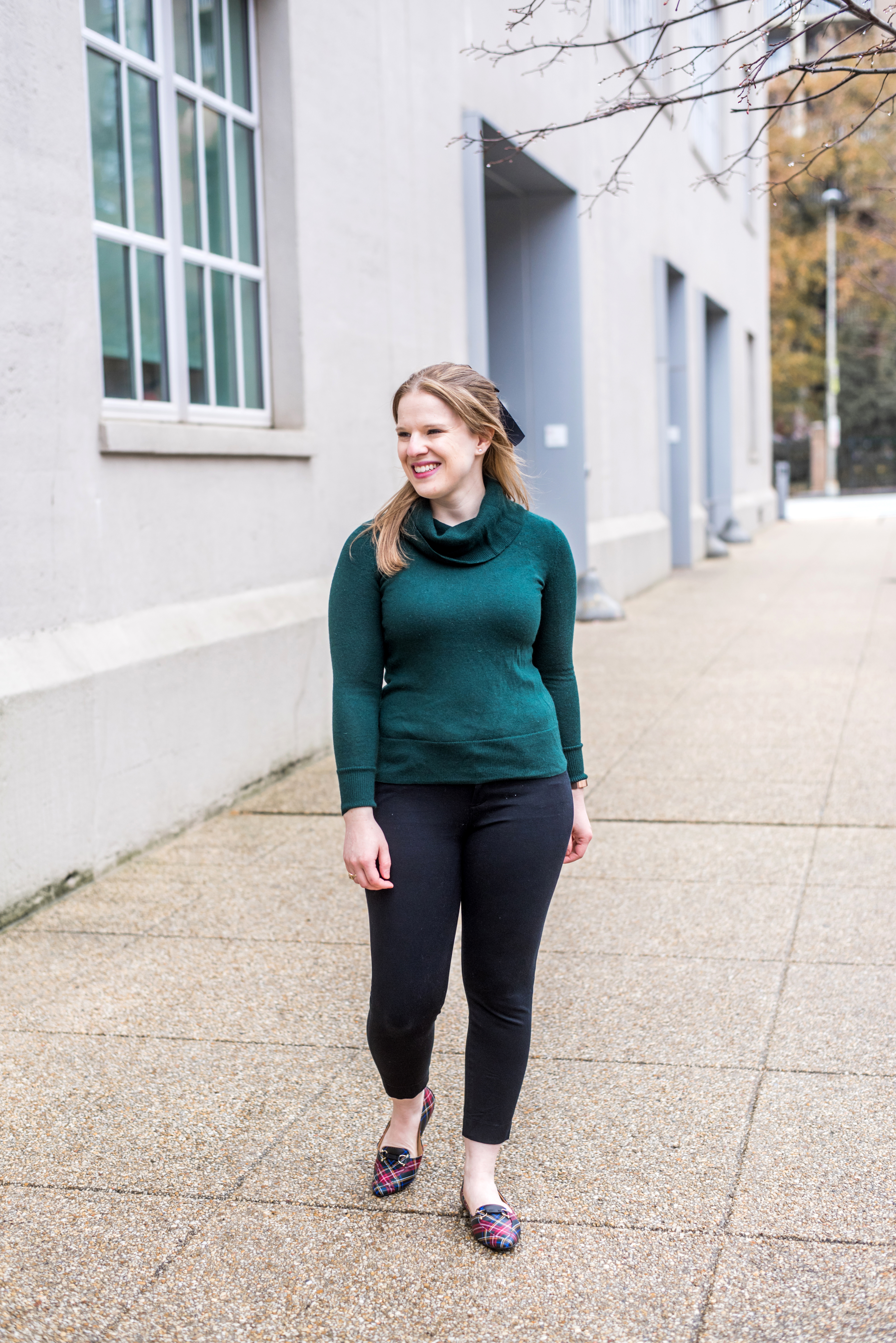 DC woman blogger wearing Talbots cowl neck sweater, casual office holiday party outfit