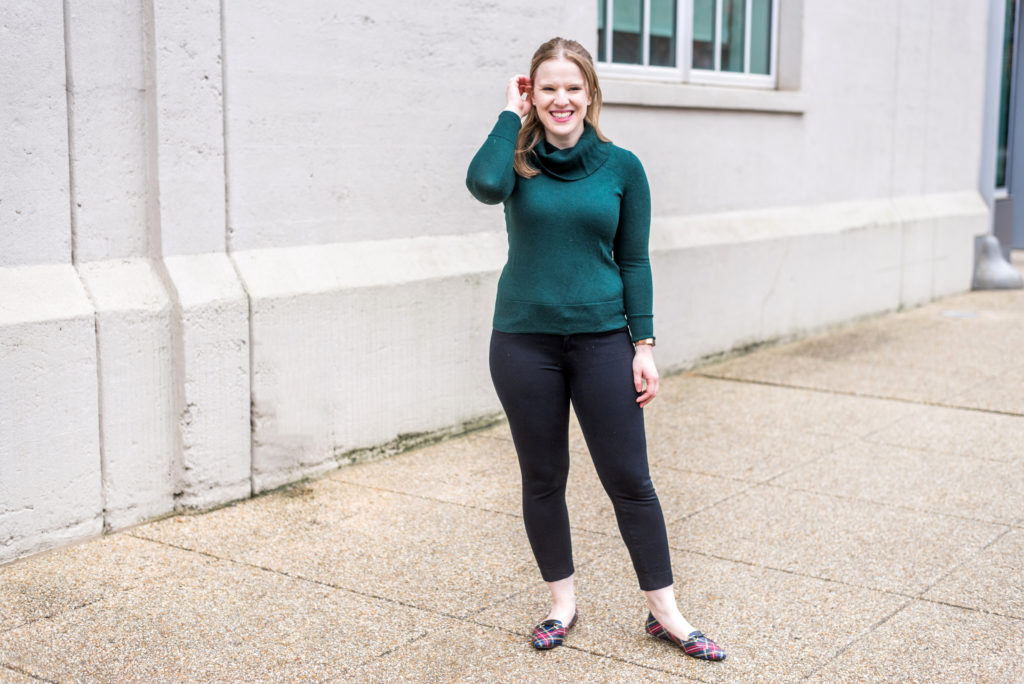 DC woman blogger wearing Talbots cowl neck sweater