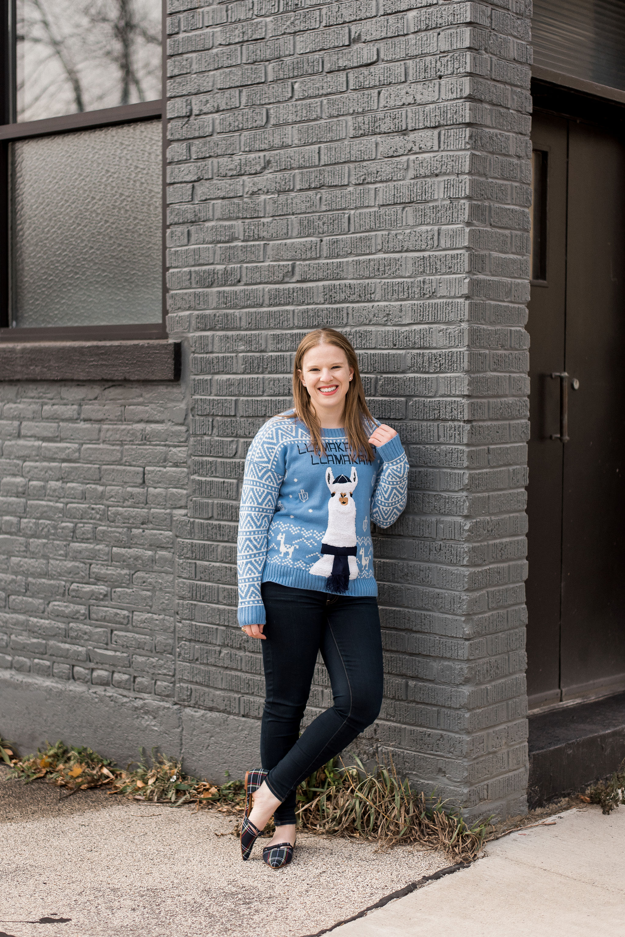 DC woman blogger wearing llama hanukkah sweater