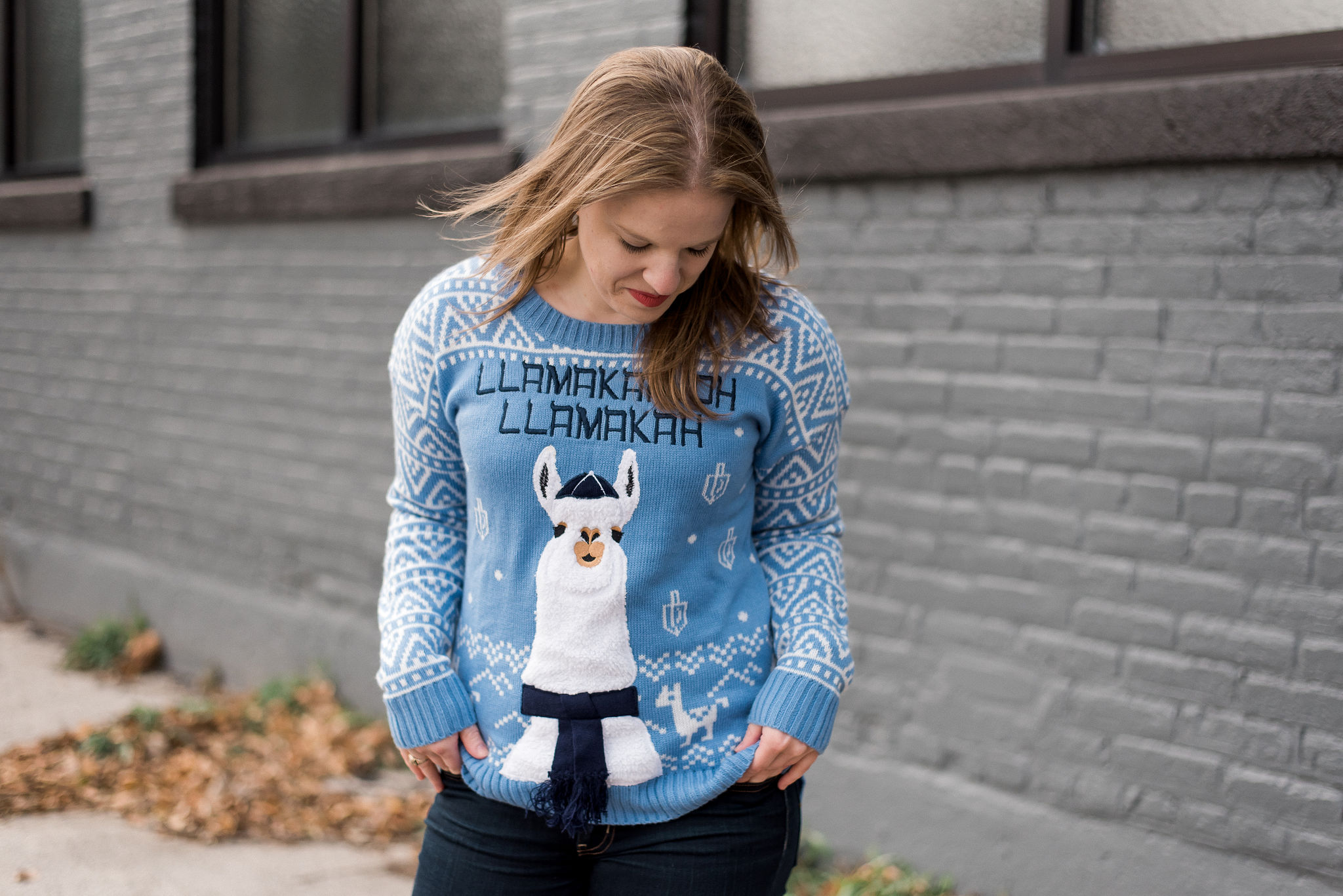 DC woman blogger wearing llama hanukkah sweater