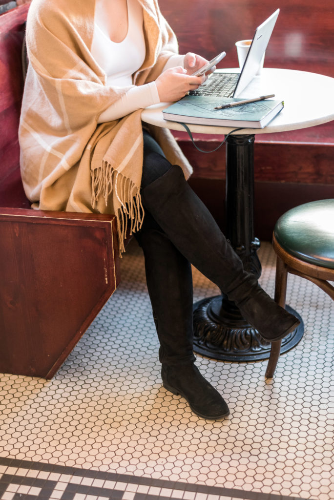 dc woman blogger wearing Blondo Presto waterproof knee high boot in coffeeshop