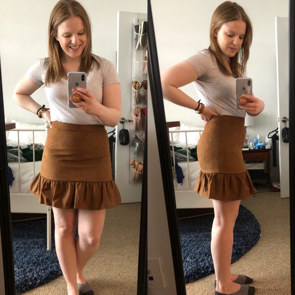 DC woman blogger wearing J.Crew faux-suede mini skirt
