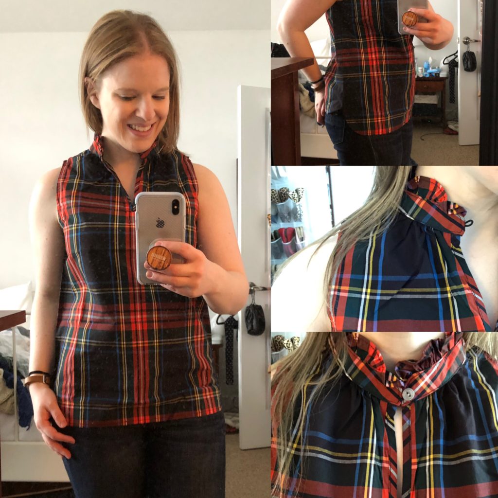 DC woman blogger wearing J.Crew ruffle-neck top in Stewart tartan cotton poplin