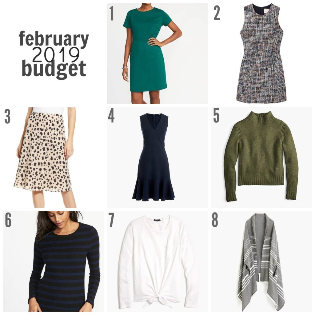 February 2019 Budget | Something Good | A DC Style and Lifestyle Blog on a Budget, J.Crew Mockneck sweater in supersoft yarn, J.Crew V-neck sheath dress in recycled stretch ponte, J.Crew Mockneck sweater in supersoft yarn, J.Crew Factory Long-sleeve tie-waist T-shirt, Old Navy Ponte-Knit Sheath Dress, Old Navy Slim-Fit Luxe Rib-Knit Top, Socialite Leopard Print Midi Skirt, Gal Meets Glam Collection Katherine Fantasy Bouclé Fit & Flare Dress, J.Crew Striped cape-scarf (Gray)