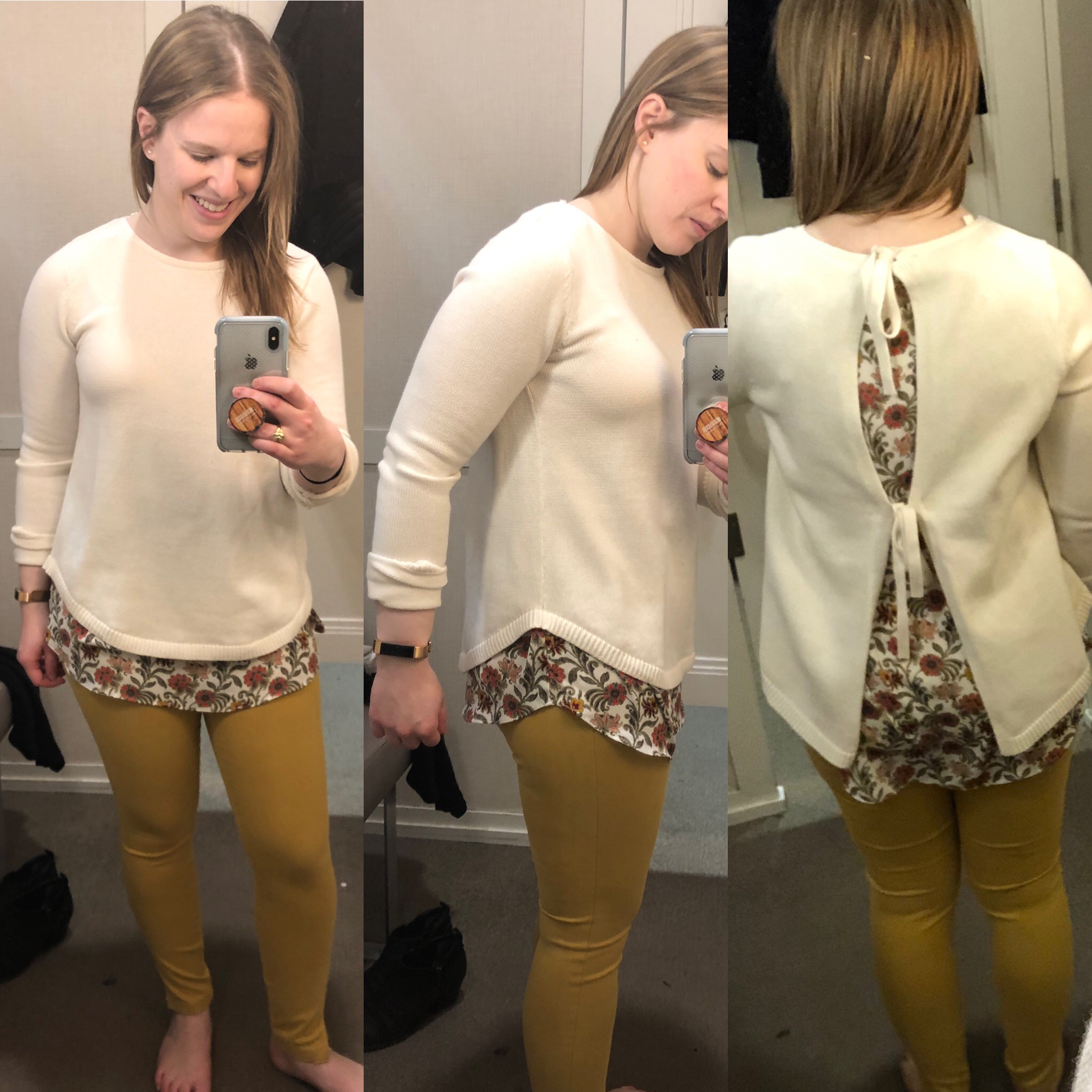 DC woman blogger wearing Loft Floral Mixed Media Tie Back Sweater