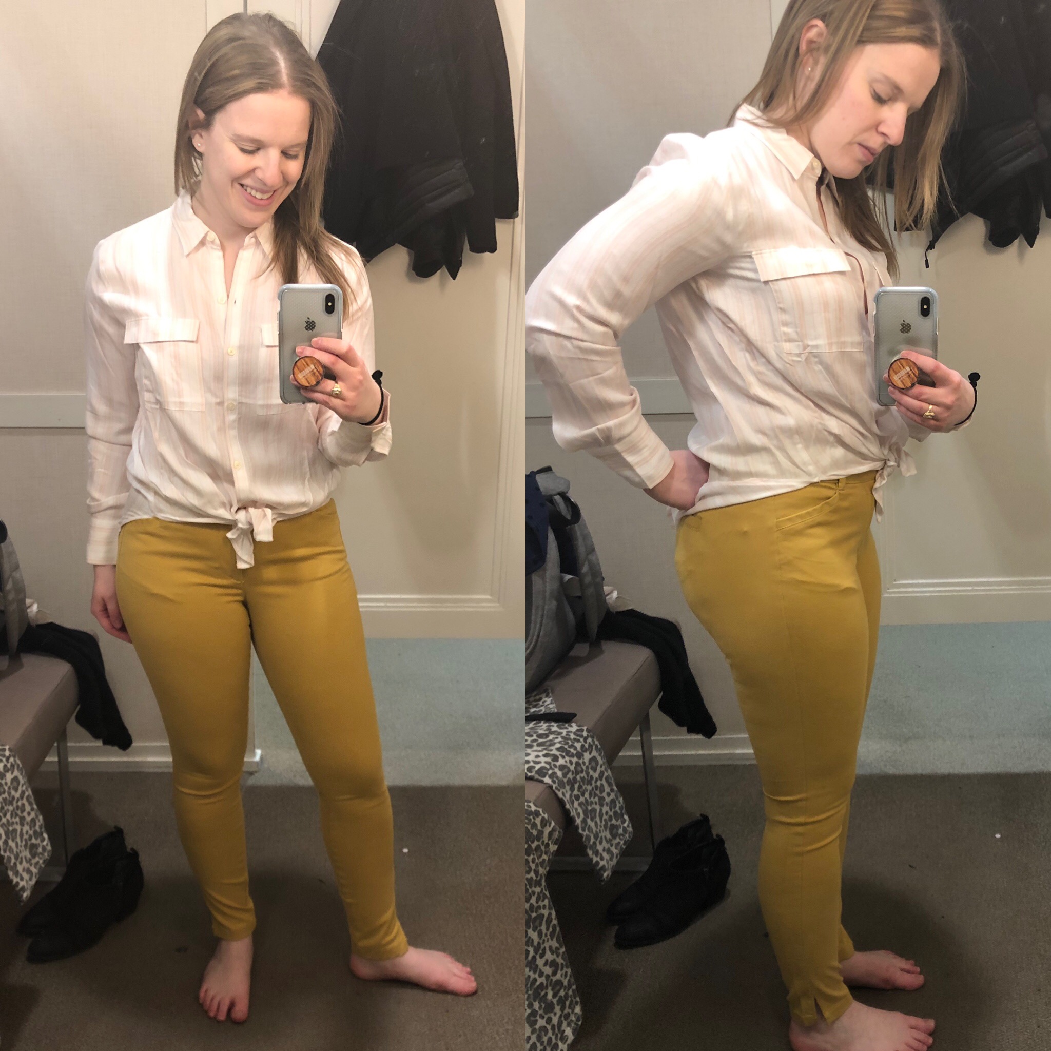 DC woman blogger wearing Loft Striped Tie Hem Utility Blouse