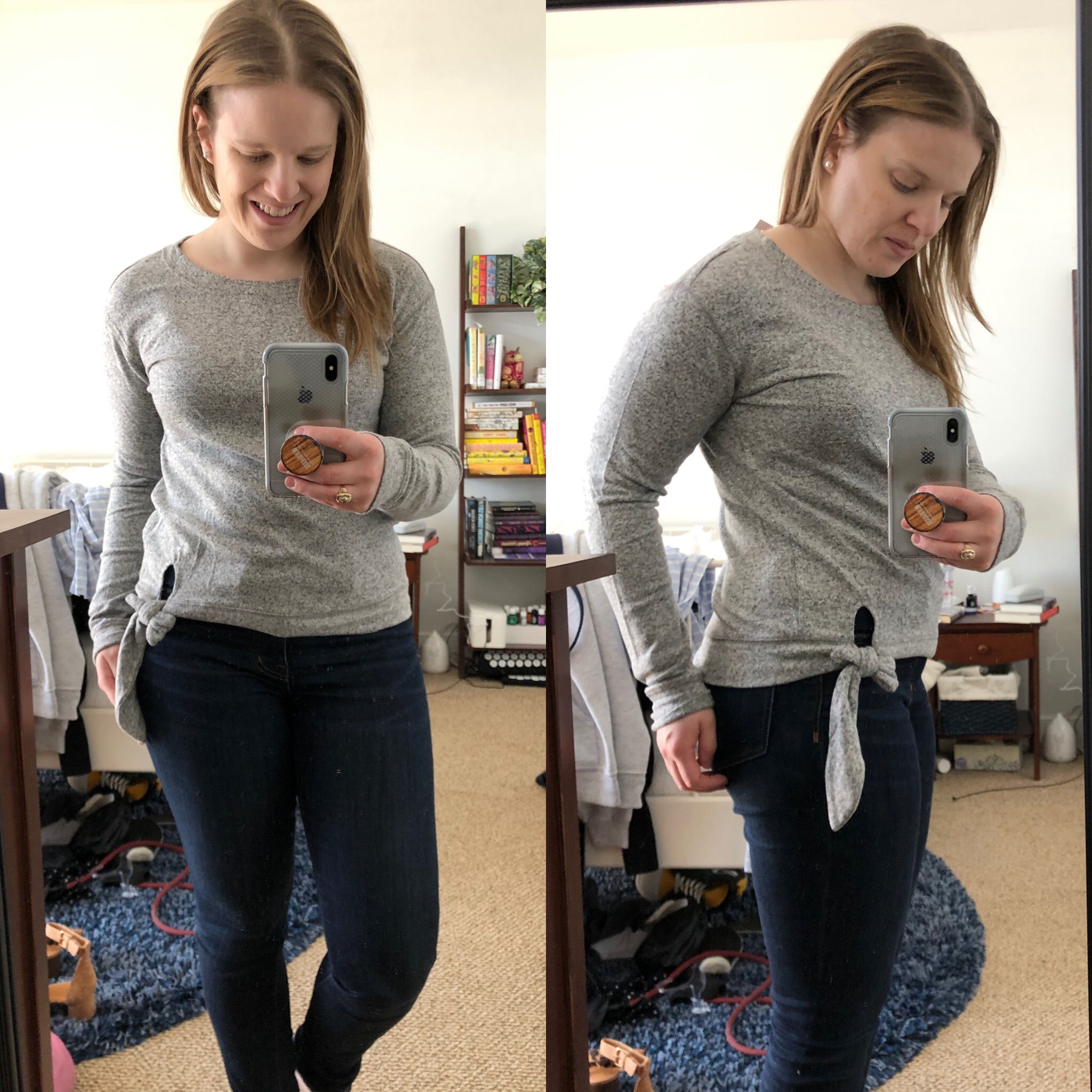 dc woman blogger wearing J.Crew Supersoft side-tie crewneck sweatshirt, Shopping Reviews, J.Crew Factory Spring Styles | Something Good | A DC Style and Lifestyle Blog on a Budget