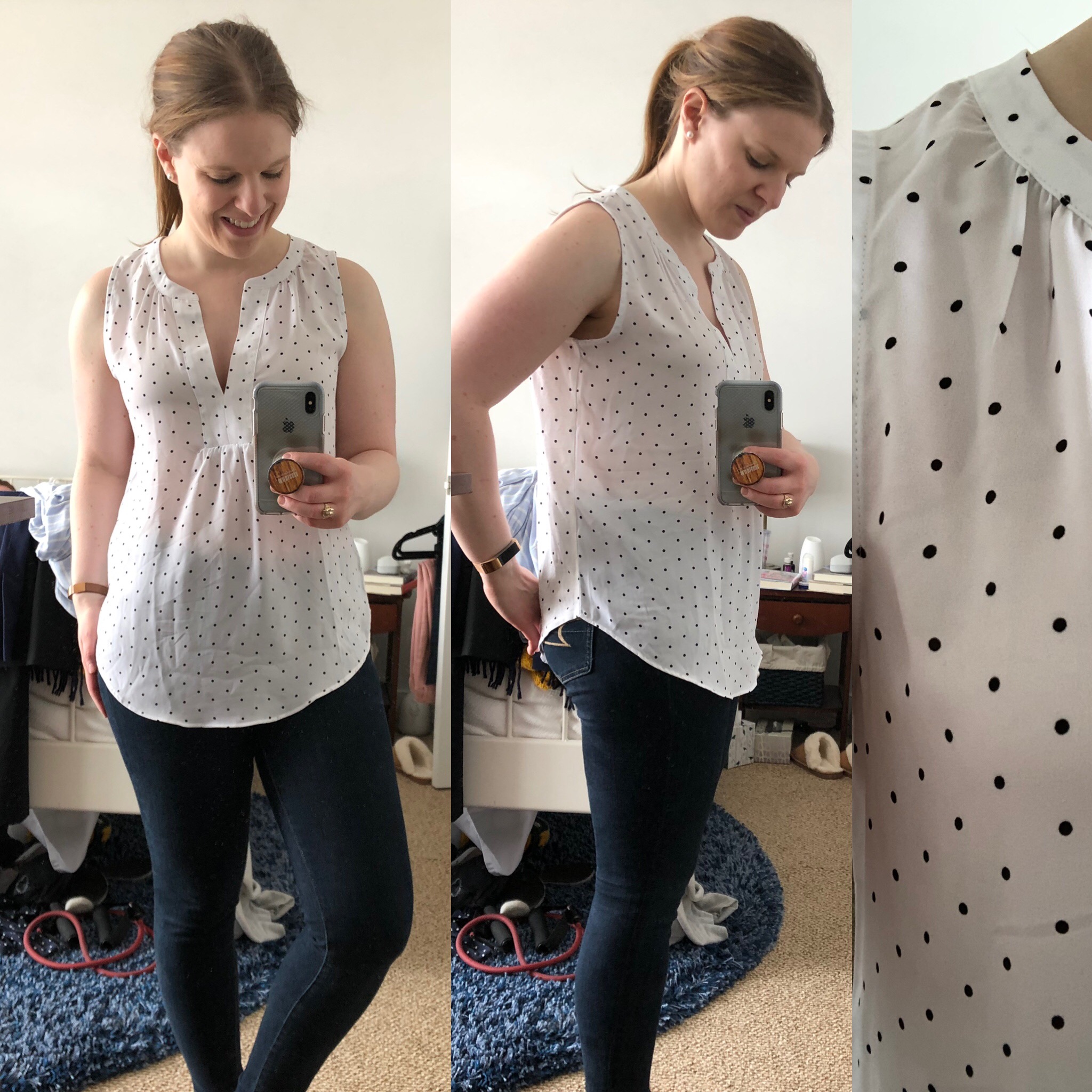 DC woman blogger wearing Loft Dotted Mixed Media Split Neck Shell