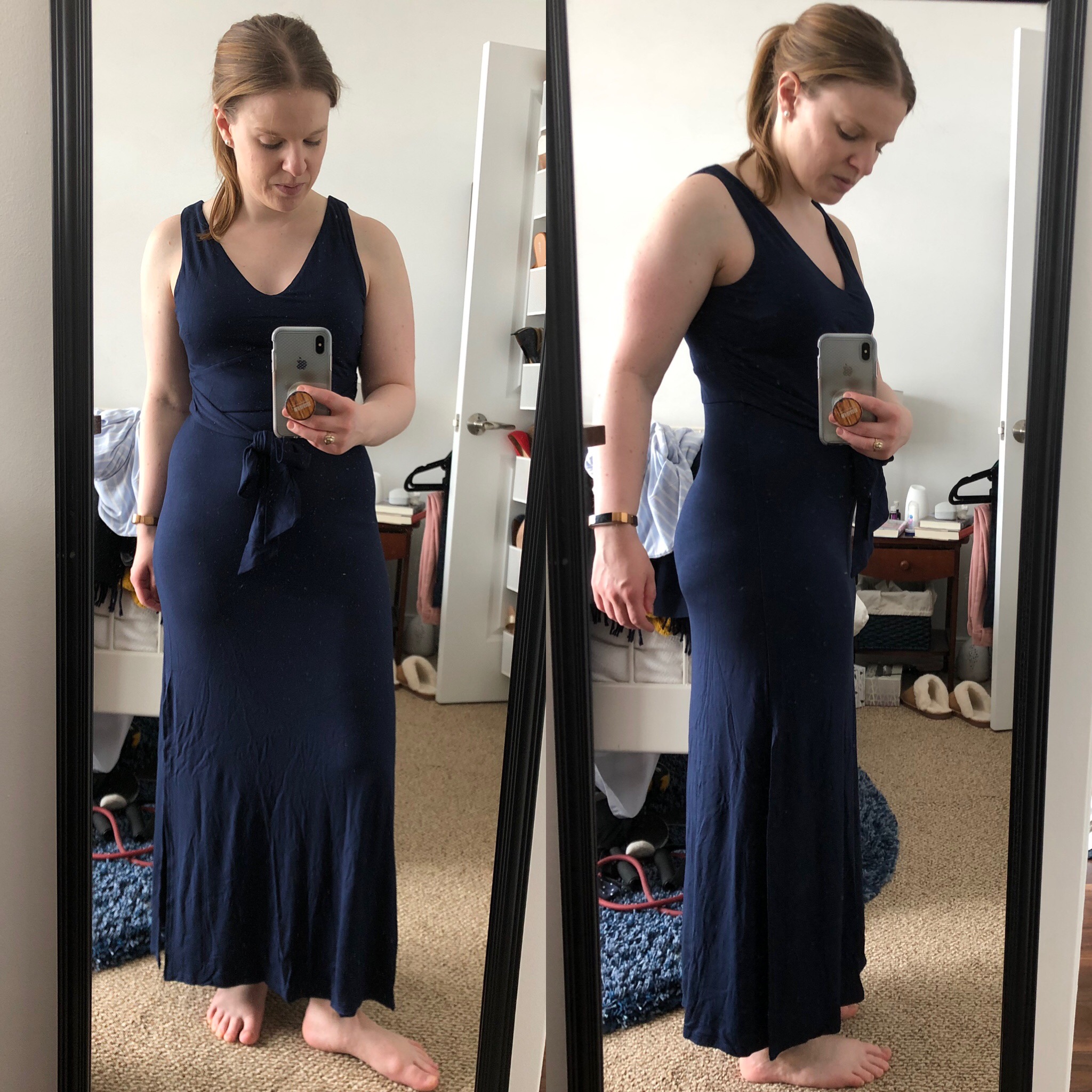 DC woman blogger wearing Loft Petite Tie Waist Maxi Dress