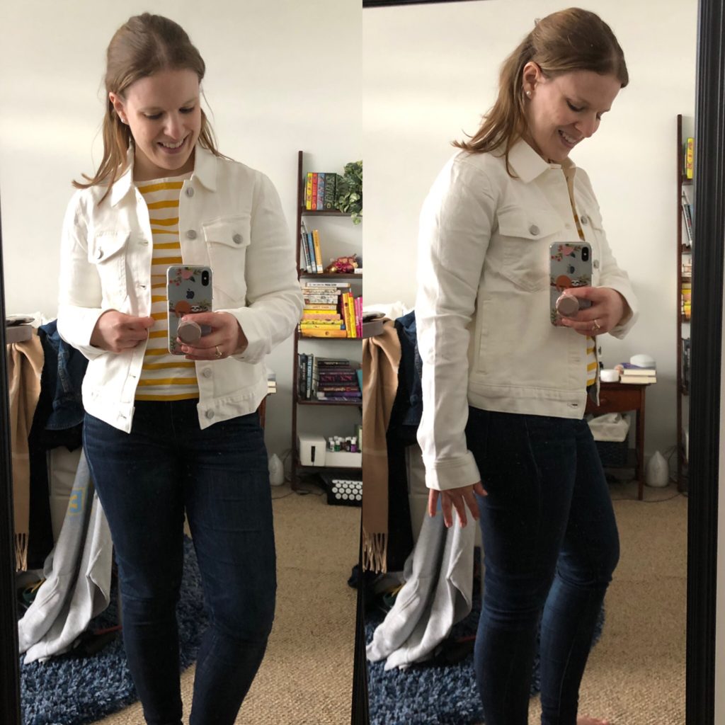 DC woman blogger wearing white denim jacket