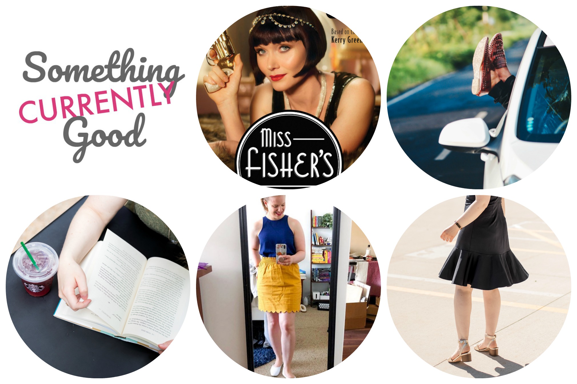 Miss Fisher's Murder Mysteries, dc woman blogger wearing everlane goweave blue tank and yellow scallop j.crew factory skirt, open book on table, dress twirling, gold single strap heels