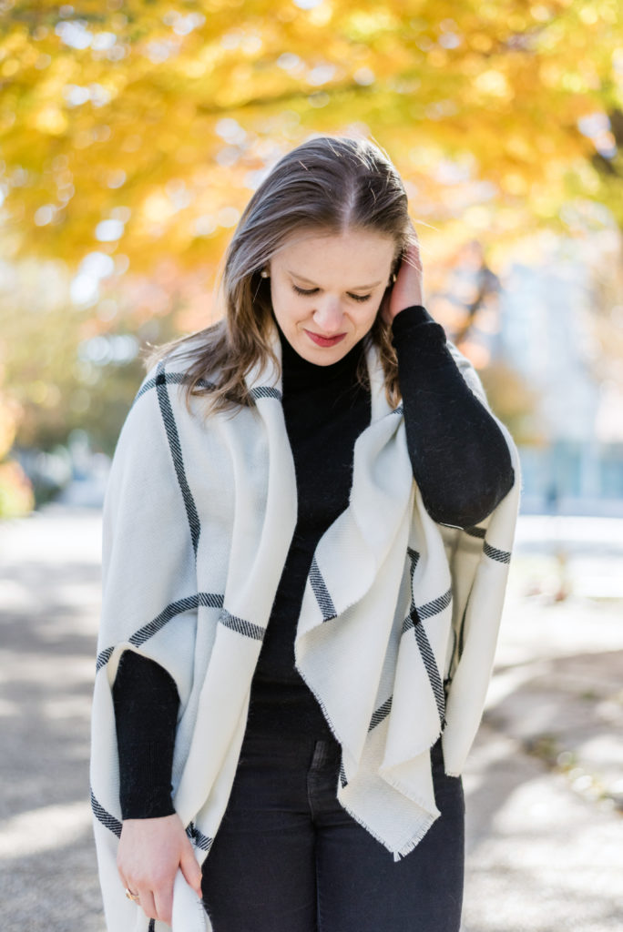 dc woman blogger wearing J.Crew Plaid Cape-Scarf