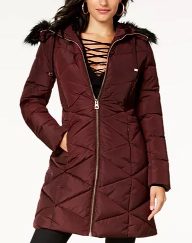 GUESS Coats at Macy's: Faux fur trim hooded puffer coat