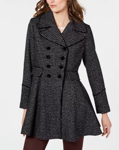 GUESS Velvet-Trim Double-Breasted Skirted Plaid Coat