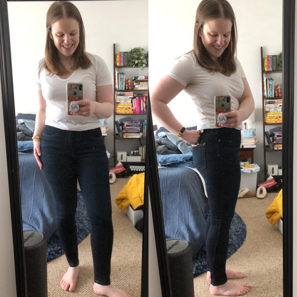 dc woman blogger wearing Everlane Authentic Stretch High-Rise Skinny, Ankle Length, Deep Indigo