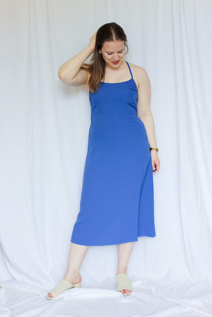 dc woman wearing Everlane
The Japanese GoWeave Cross-Back Slip Dress