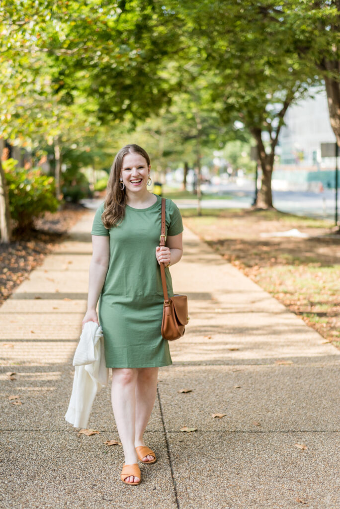 woman blogger walking wearing green J.Crew t-shirt dress