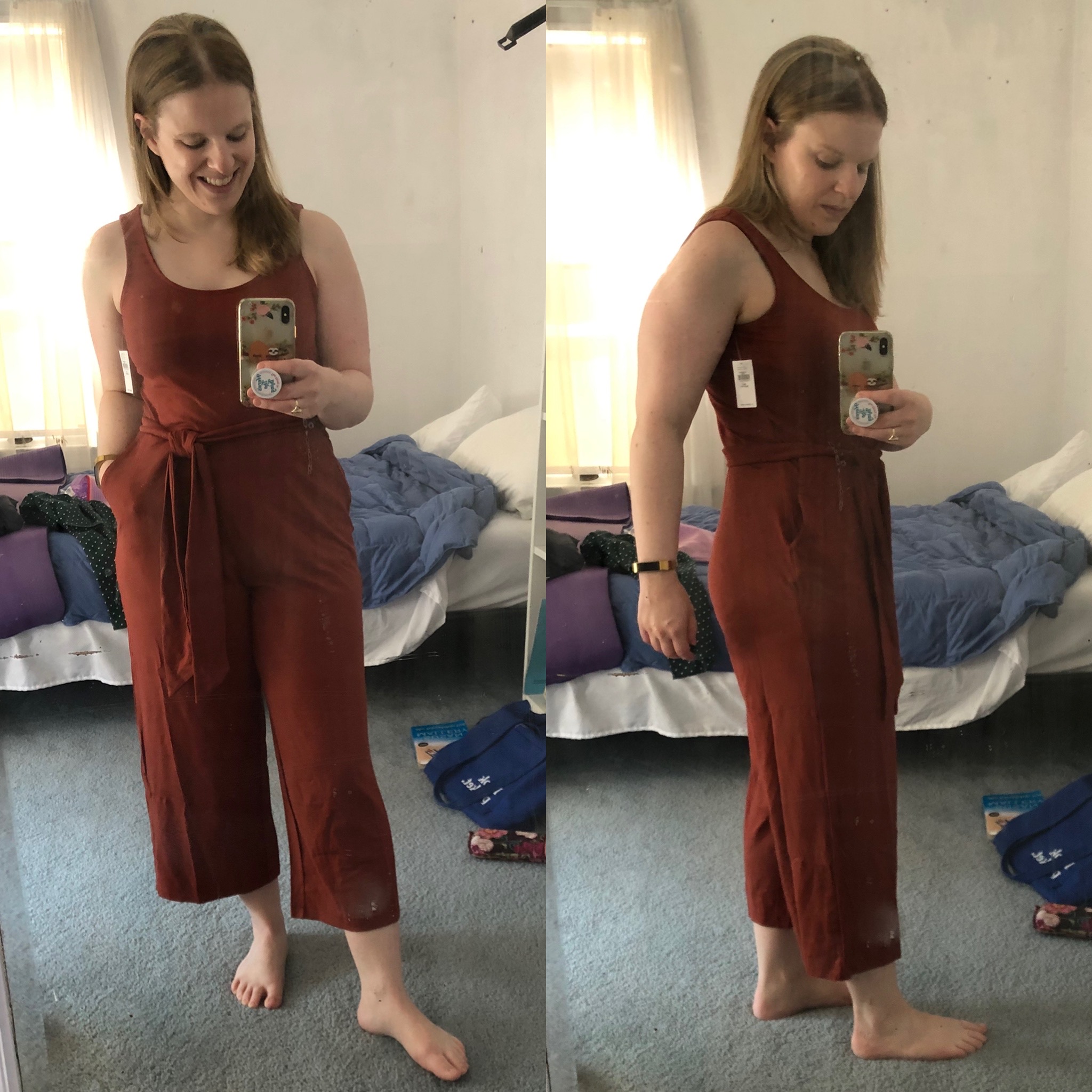 woman blogger wearing Old Navy Jersey Sleeveless Tie-Belt Jumpsuit