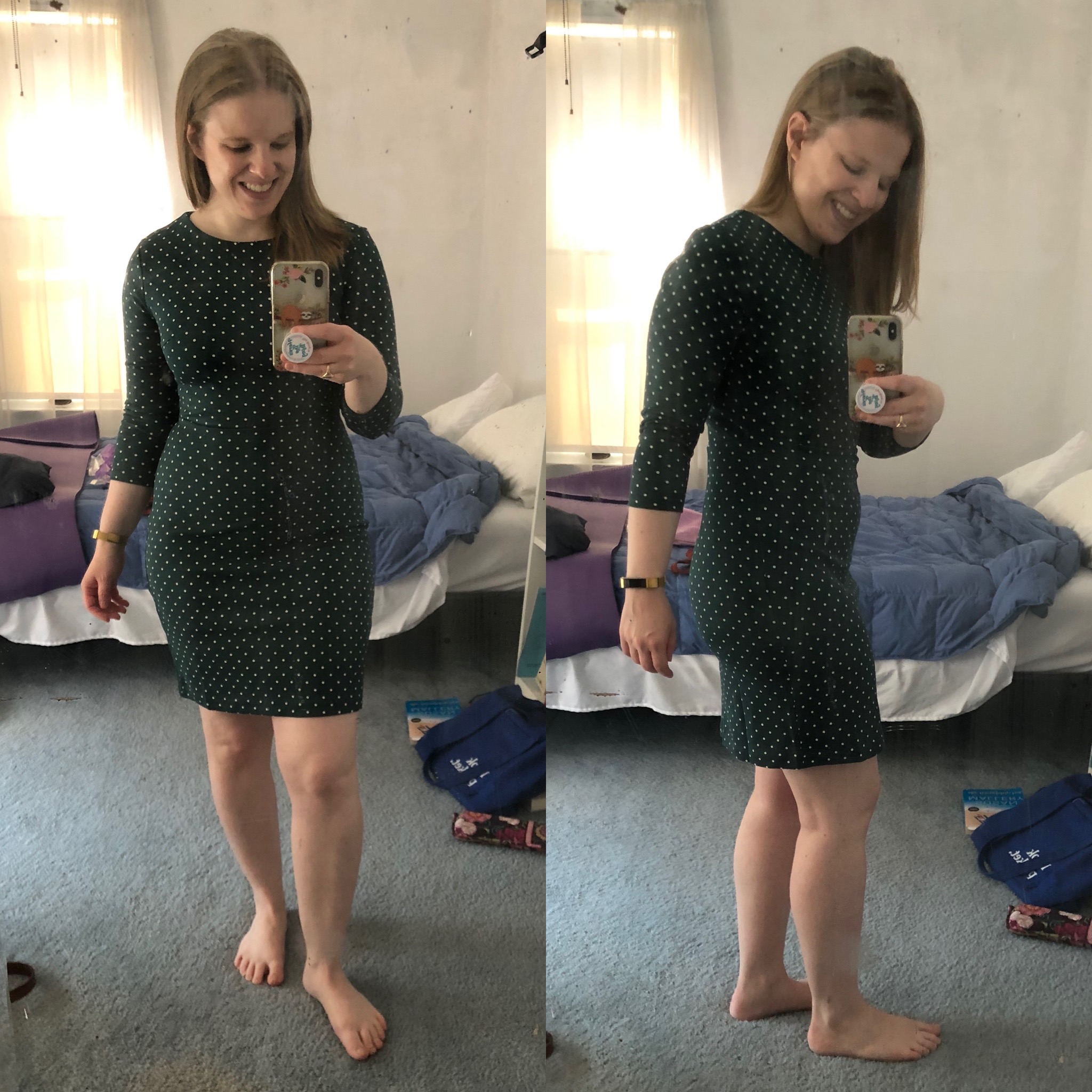 woman blogger wearing Old Navy Sale Review Old Navy Ponte-Knit Long-Sleeve Sheath Dress