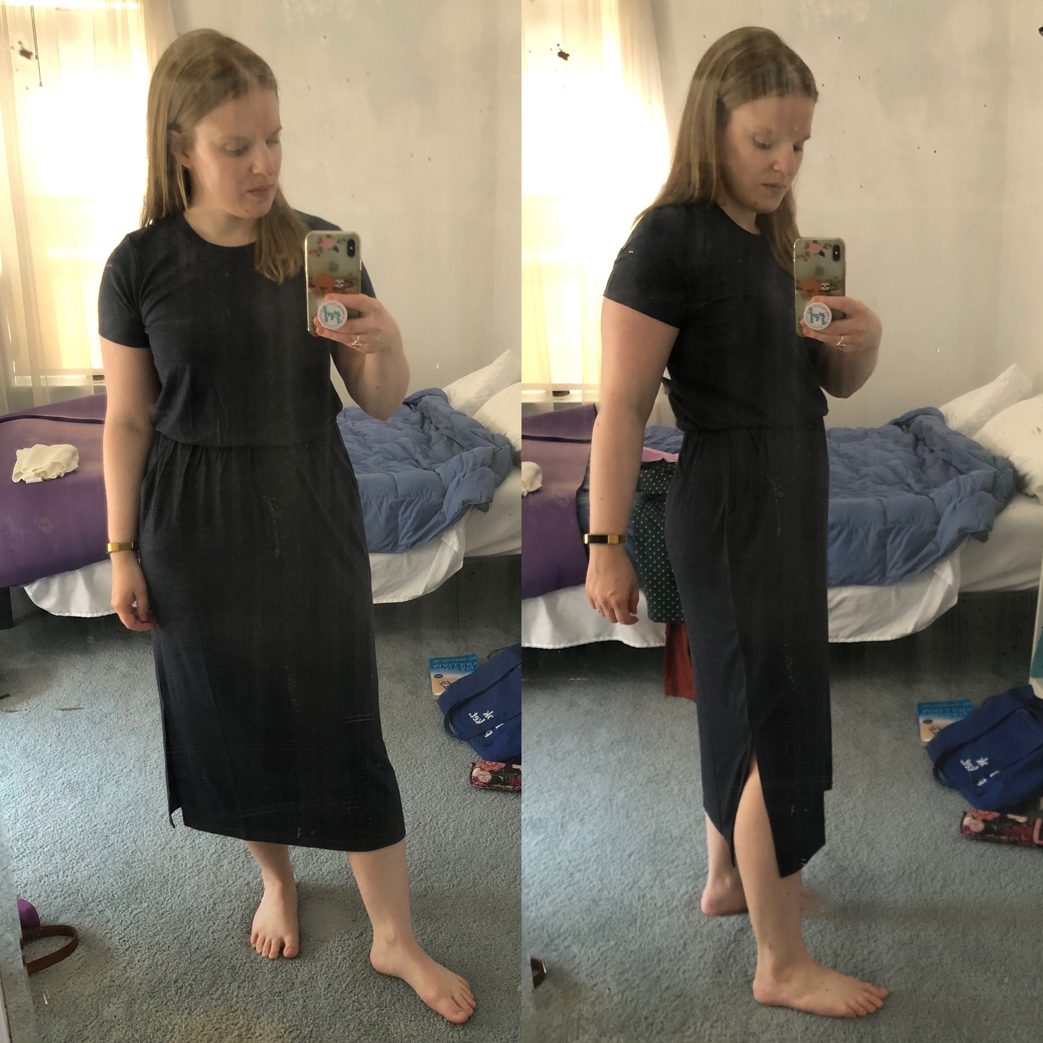 woman blogger wearing Old Navy Waist-Defined Slub-Knit Midi T-Shirt Dress
