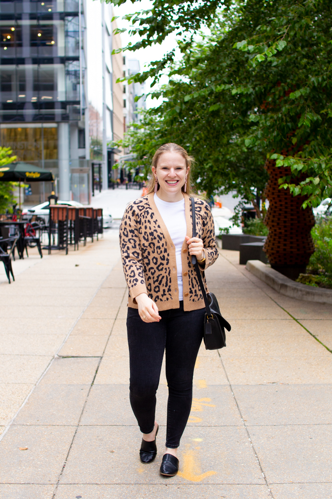 woman blogger wearing J.Crew sweater in leopard print | Styling a Leopard Cardigan