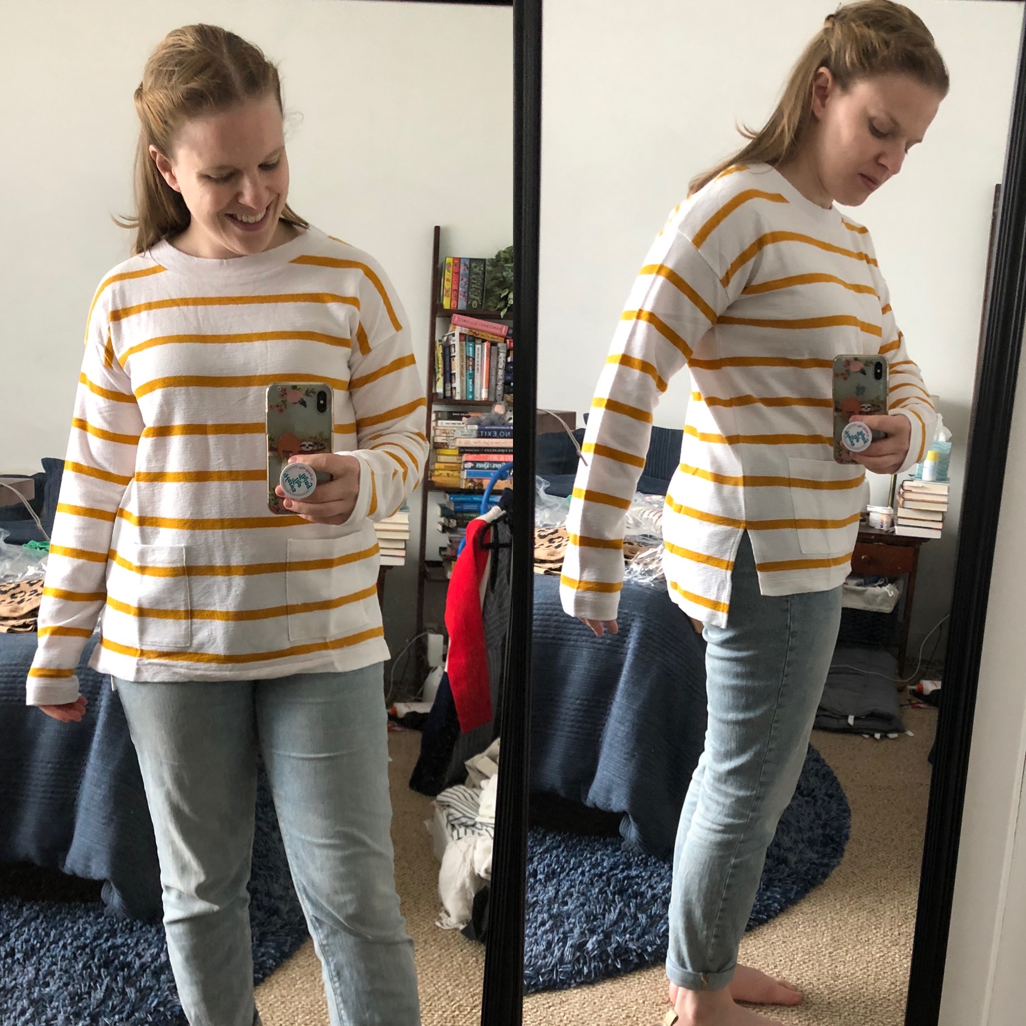 woman blogger wearing J.Crew Pocket tunic t-shirt in stripe