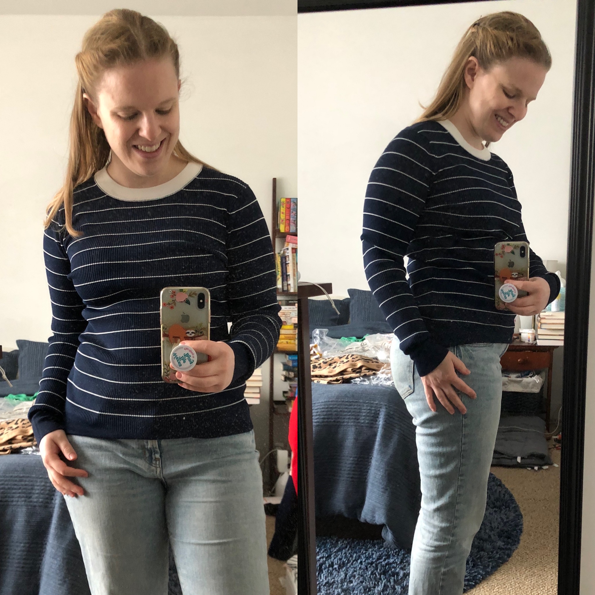 woman blogger wearing J.Crew Ribbed crewneck sweater in stripe