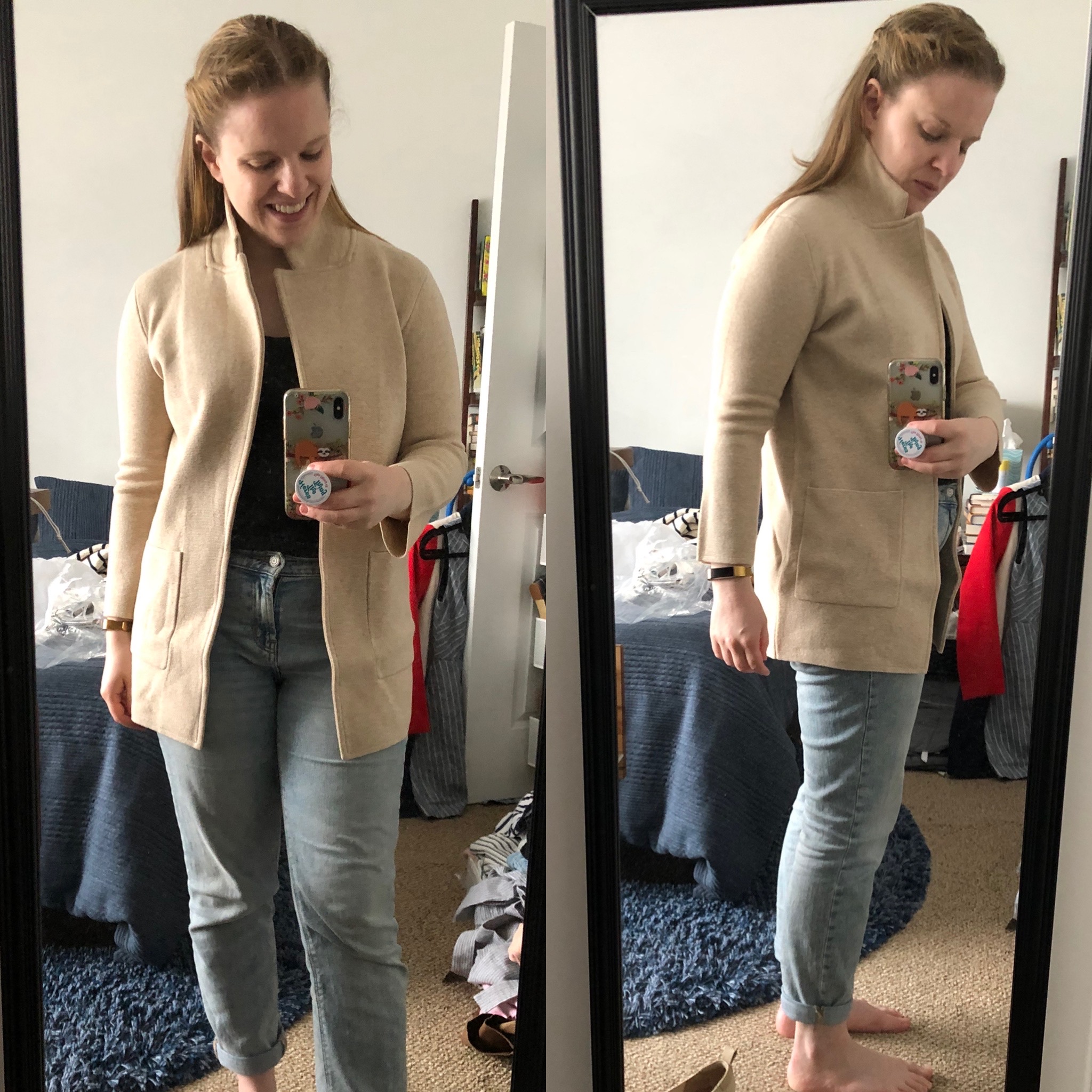woman blogger wearing J.Crew Sophie open-front sweater-blazer