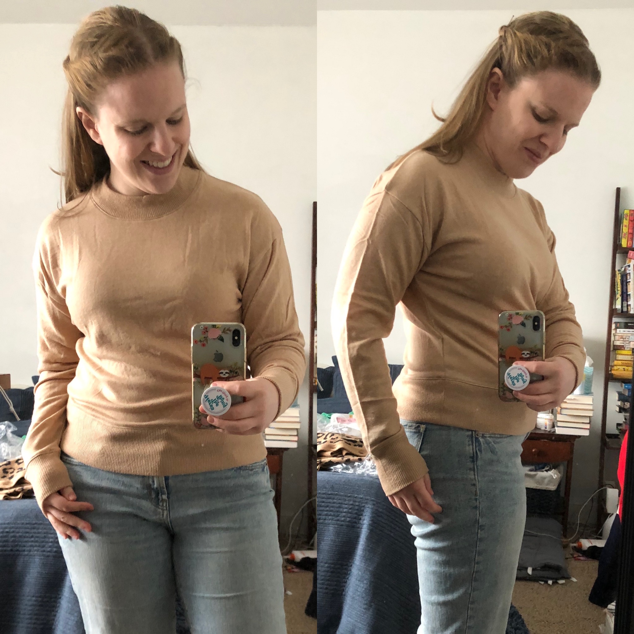 woman blogger wearing J.Crew Supercozy mockneck pullover