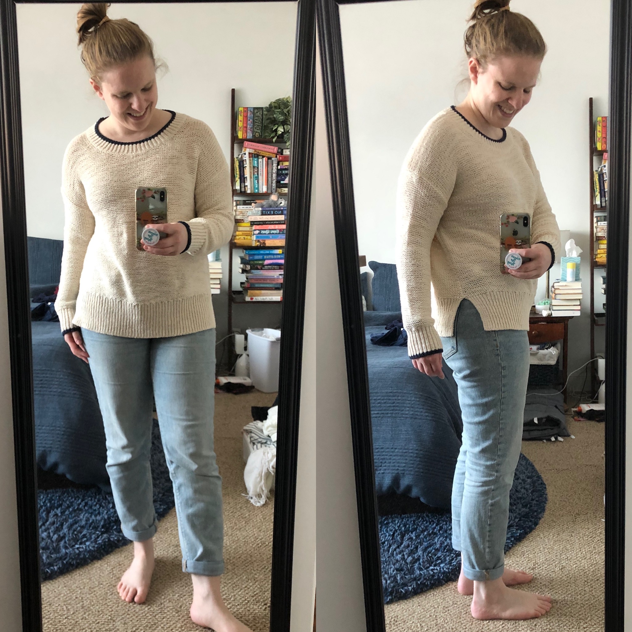 woman blogger wearing J.Crew Tipped beach sweater in natural