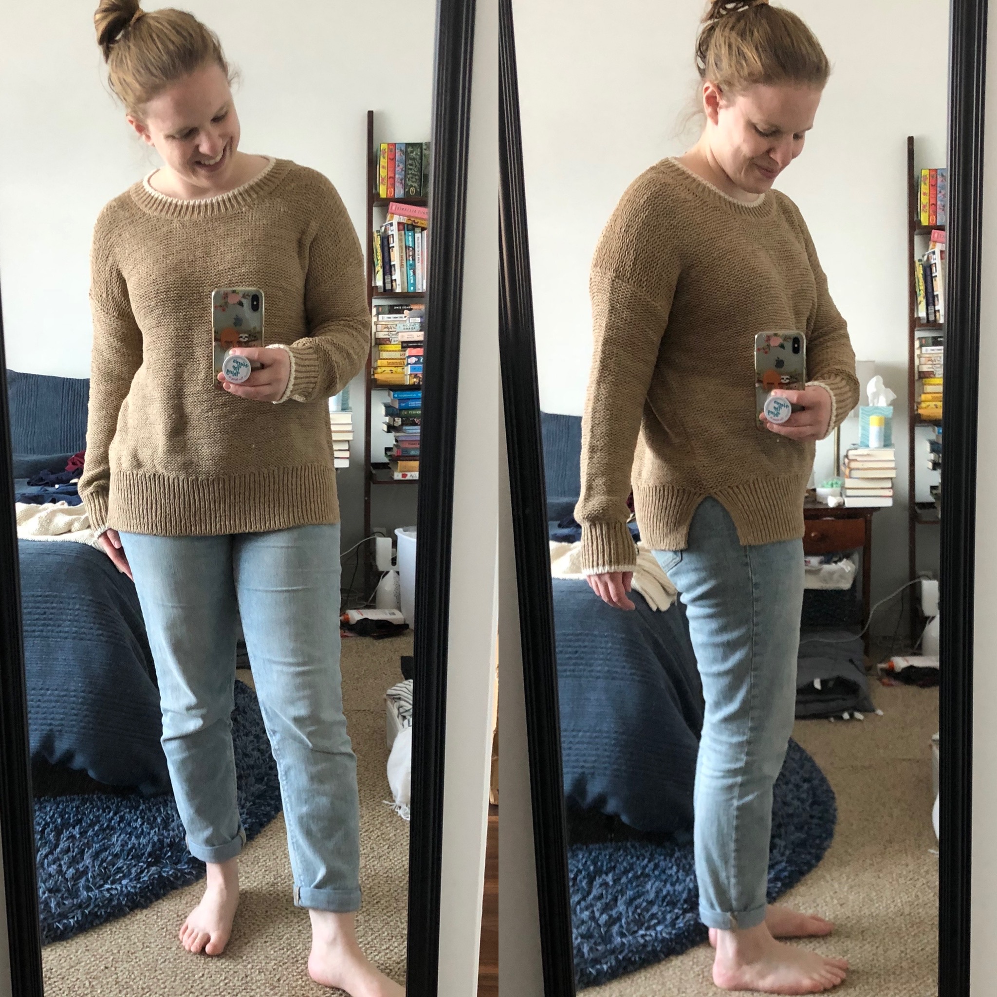 woman blogger wearing J.Crew Tipped beach sweater in sand