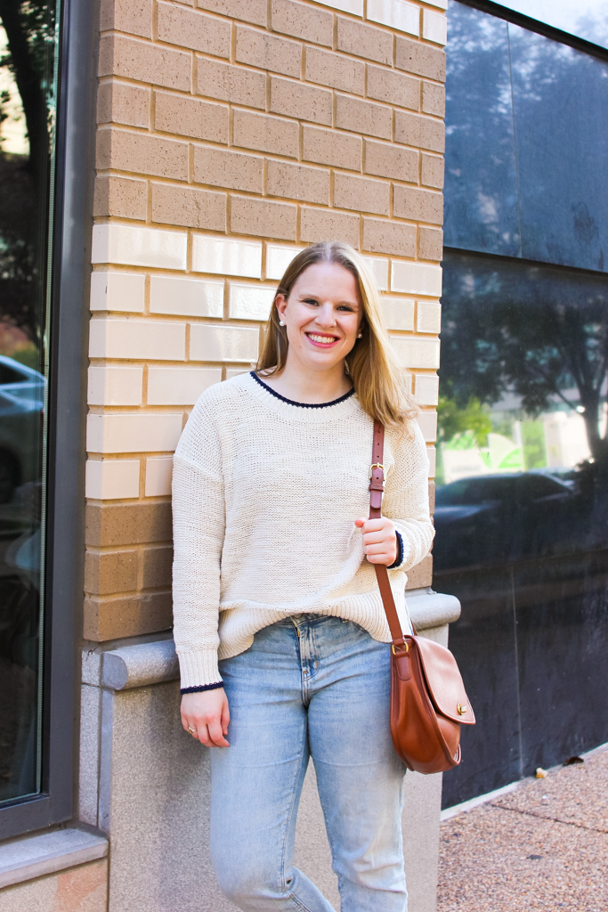 woman blogger wearing white J.Crew sweater