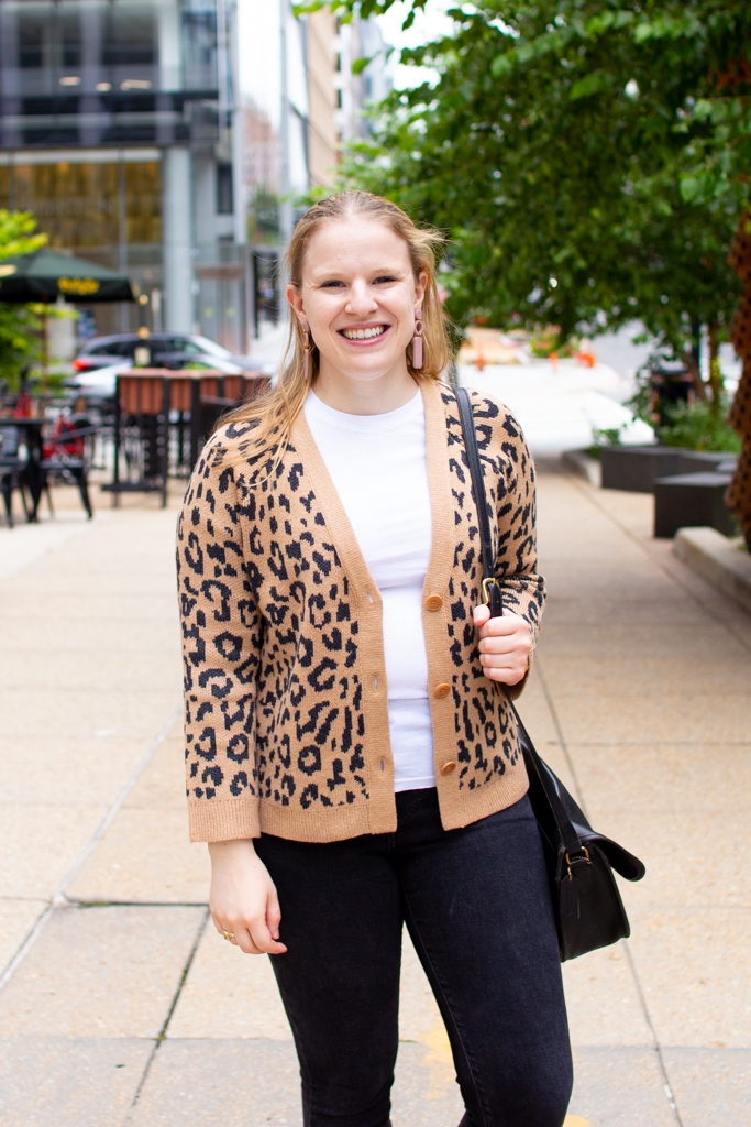 woman blogger wearing J.Crew sweater in leopard print