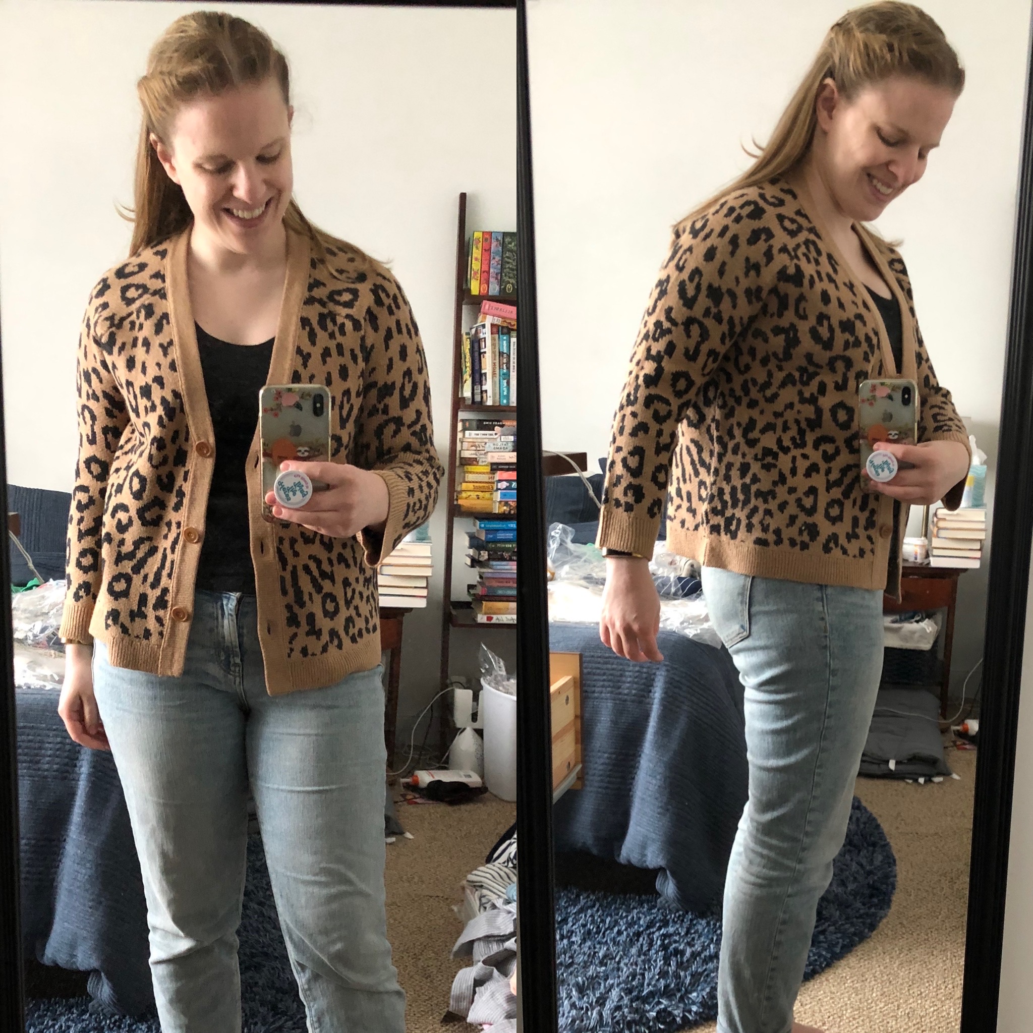 woman blogger wearing J.Crew V-neck leopard cardigan sweater