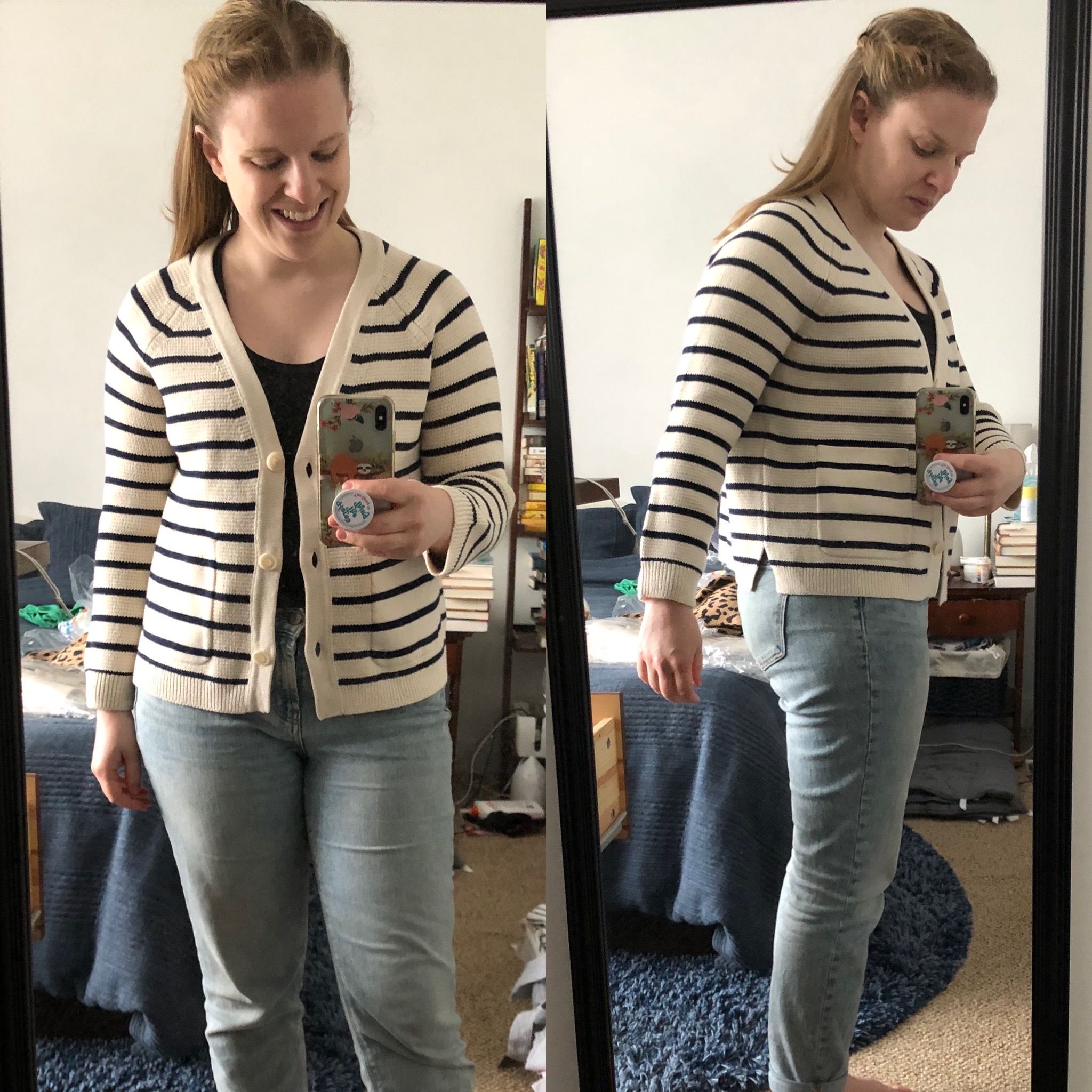 woman blogger wearing J.Crew V-neck cardigan sweater in stripe