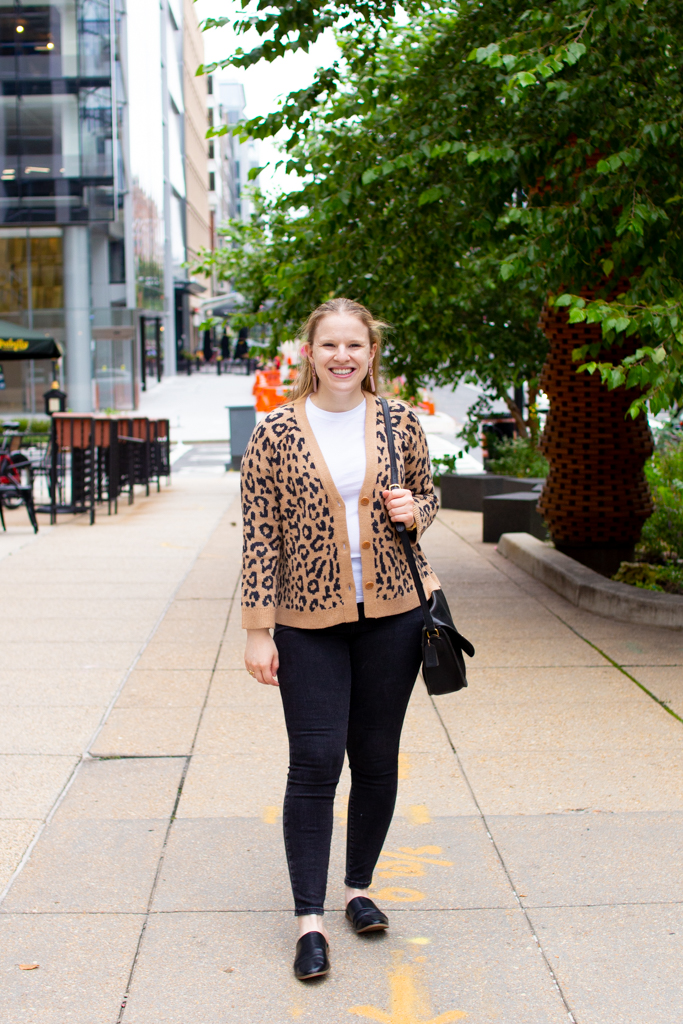woman blogger wearing J.Crew cardigan in leopard print | Styling a Leopard Cardigan