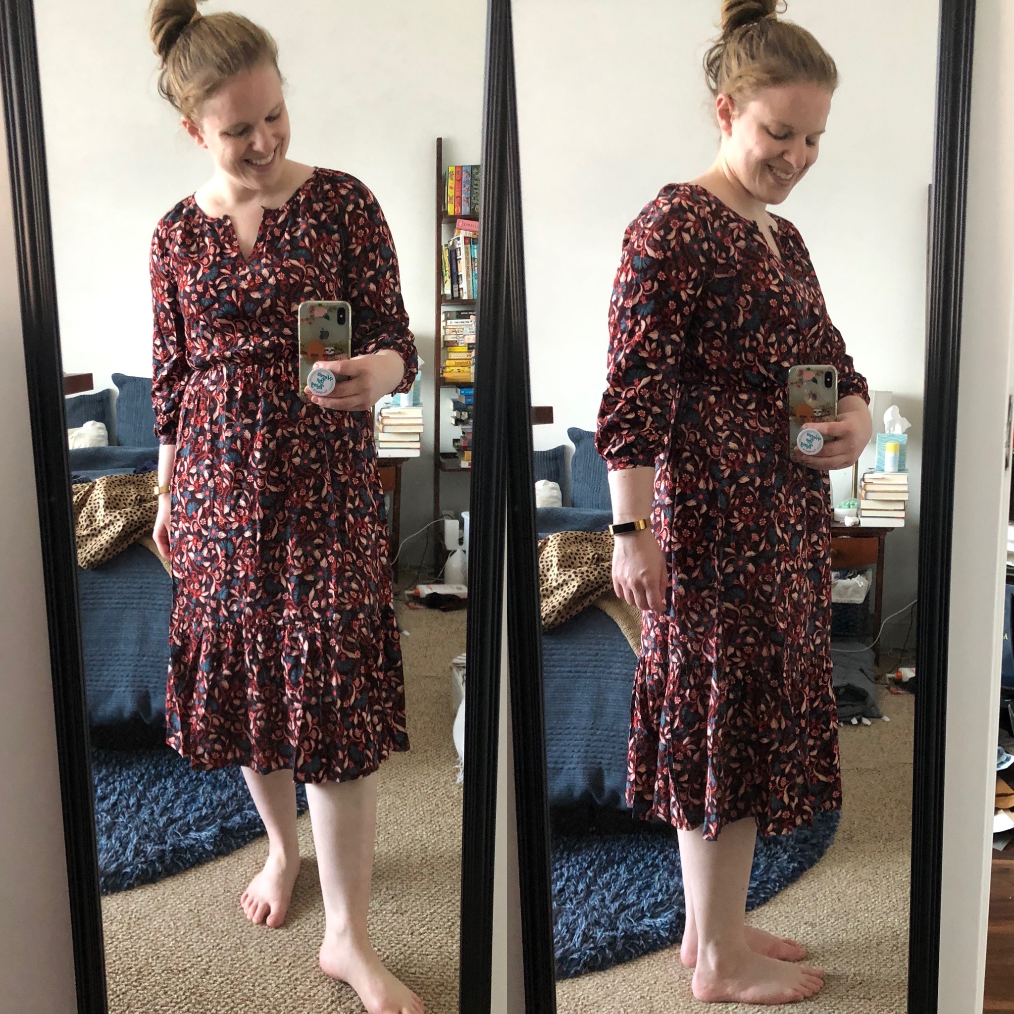 woman blogger wearing Floral-Print Waist-Defined Midi Dress