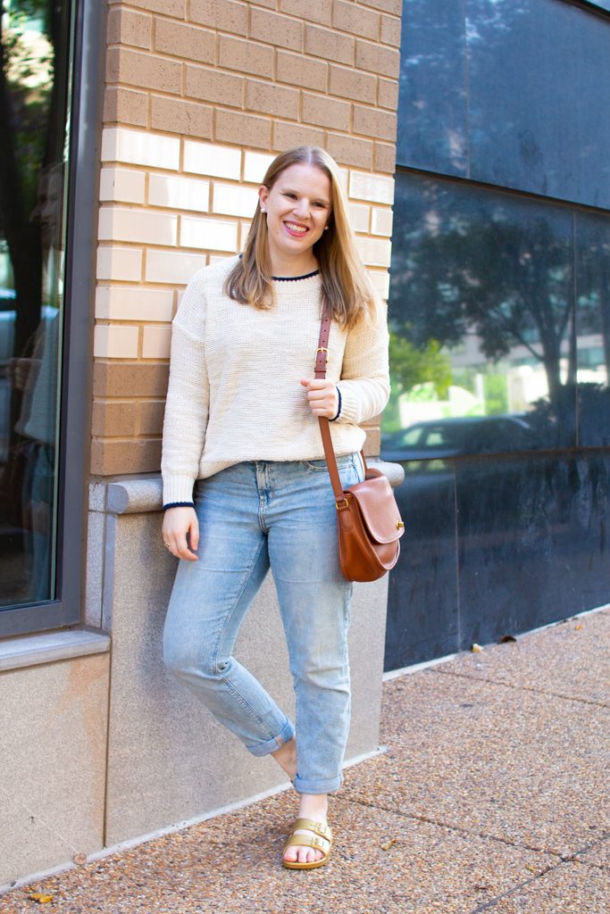 woman blogger wearing J.Crew top and Freedom Moses golden sandals