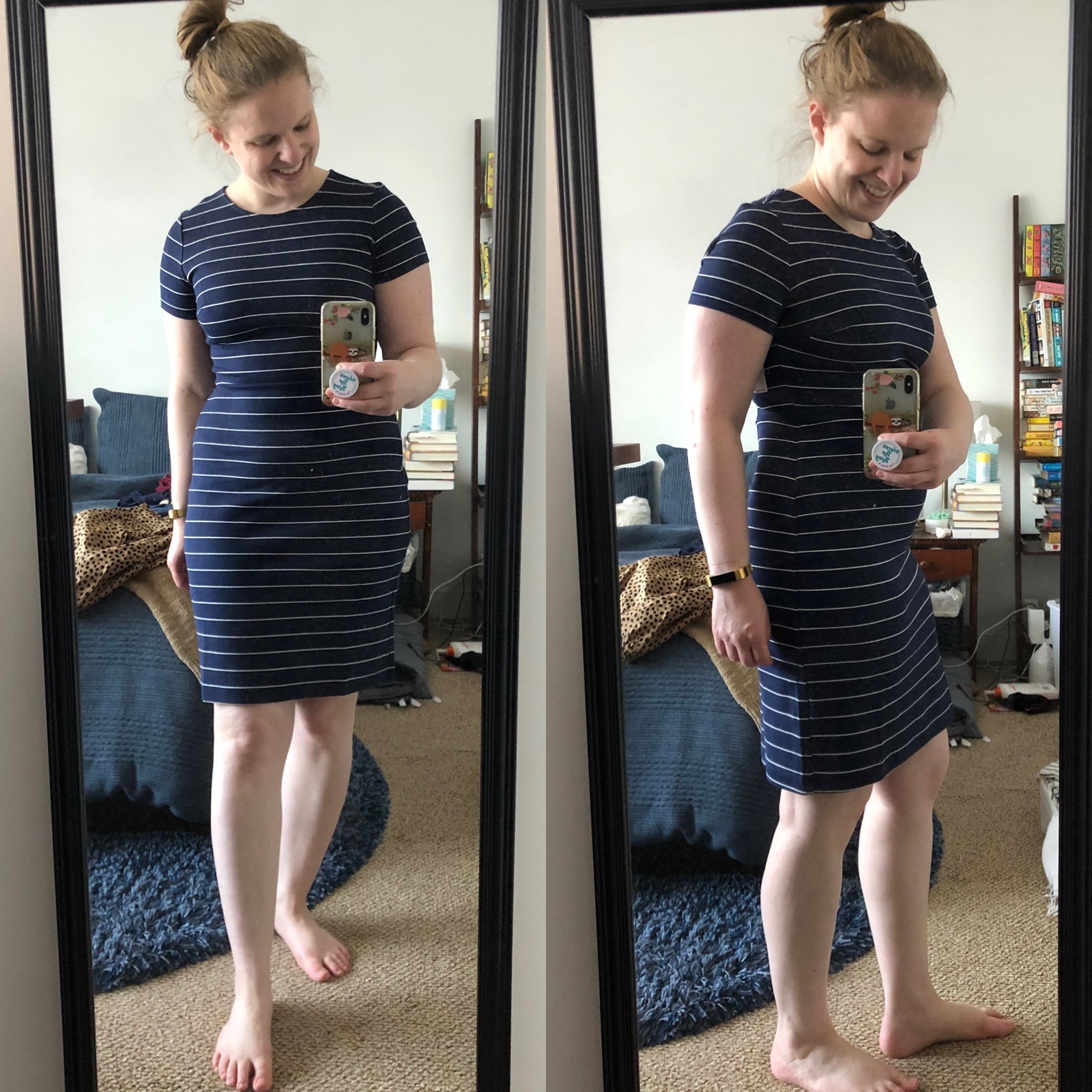 woman blogger wearing Old Navy Ponte-Knit Sheath Dress, Navy Stripe, Old Navy Dress Reviews