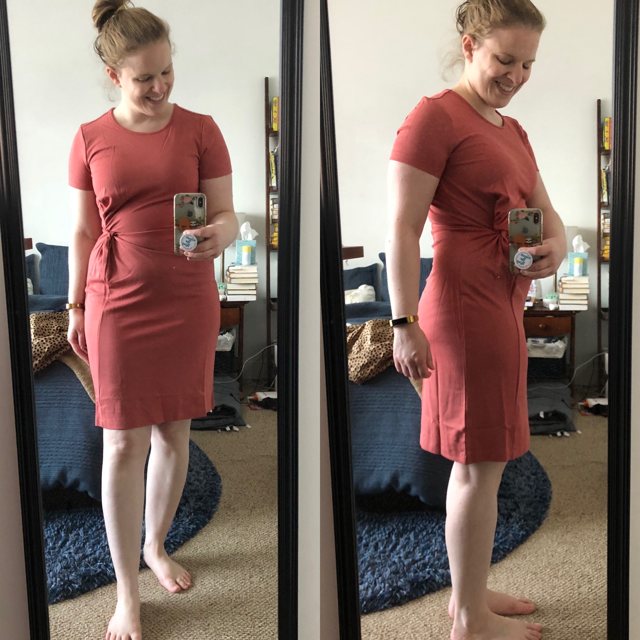 woman blogger wearing Old Navy Twist-Front Ponte-Knit Sheath Dress