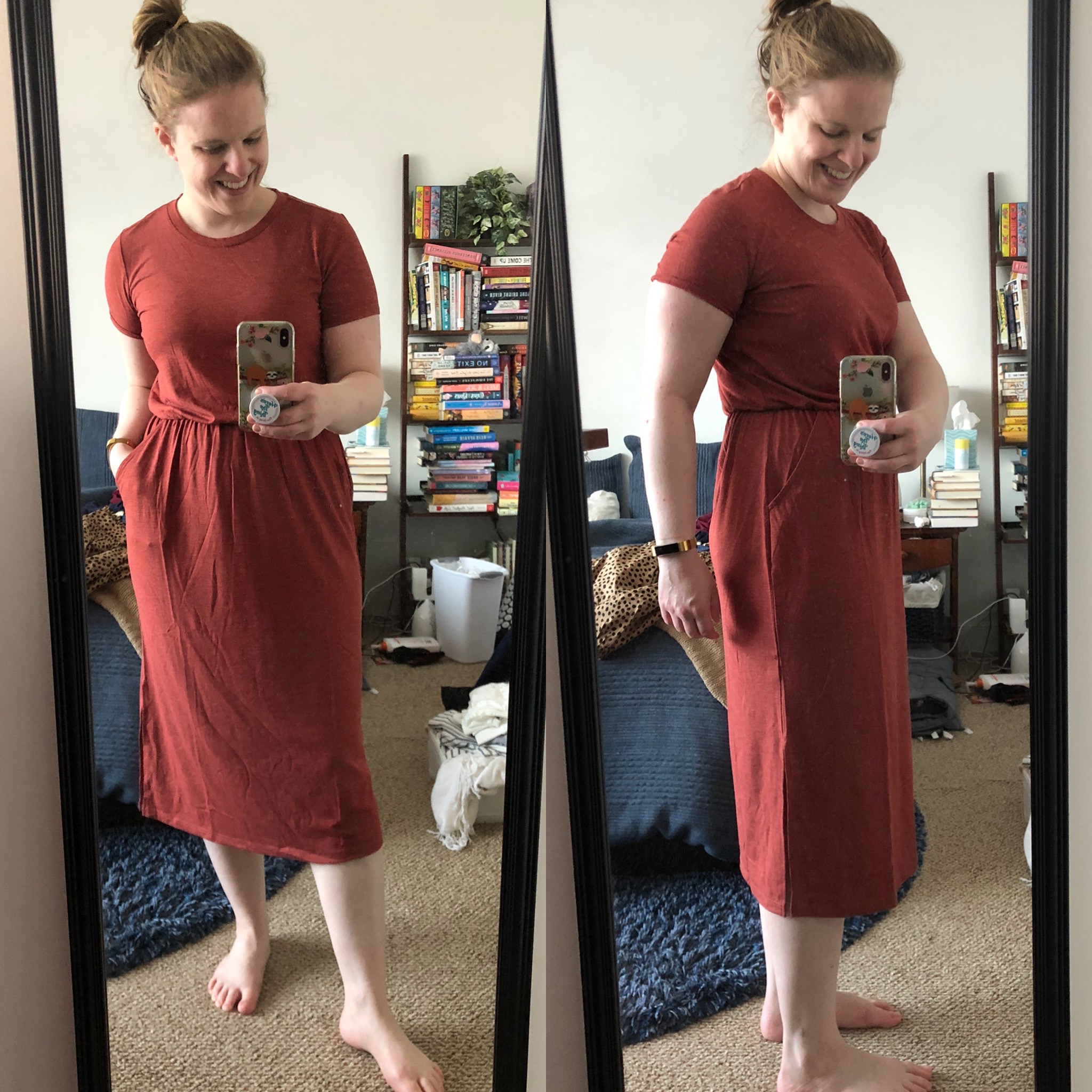 woman blogger wearing Old Navy Waist-Defined Slub-Knit Midi T-Shirt Dress, Old Navy Dress Reviews