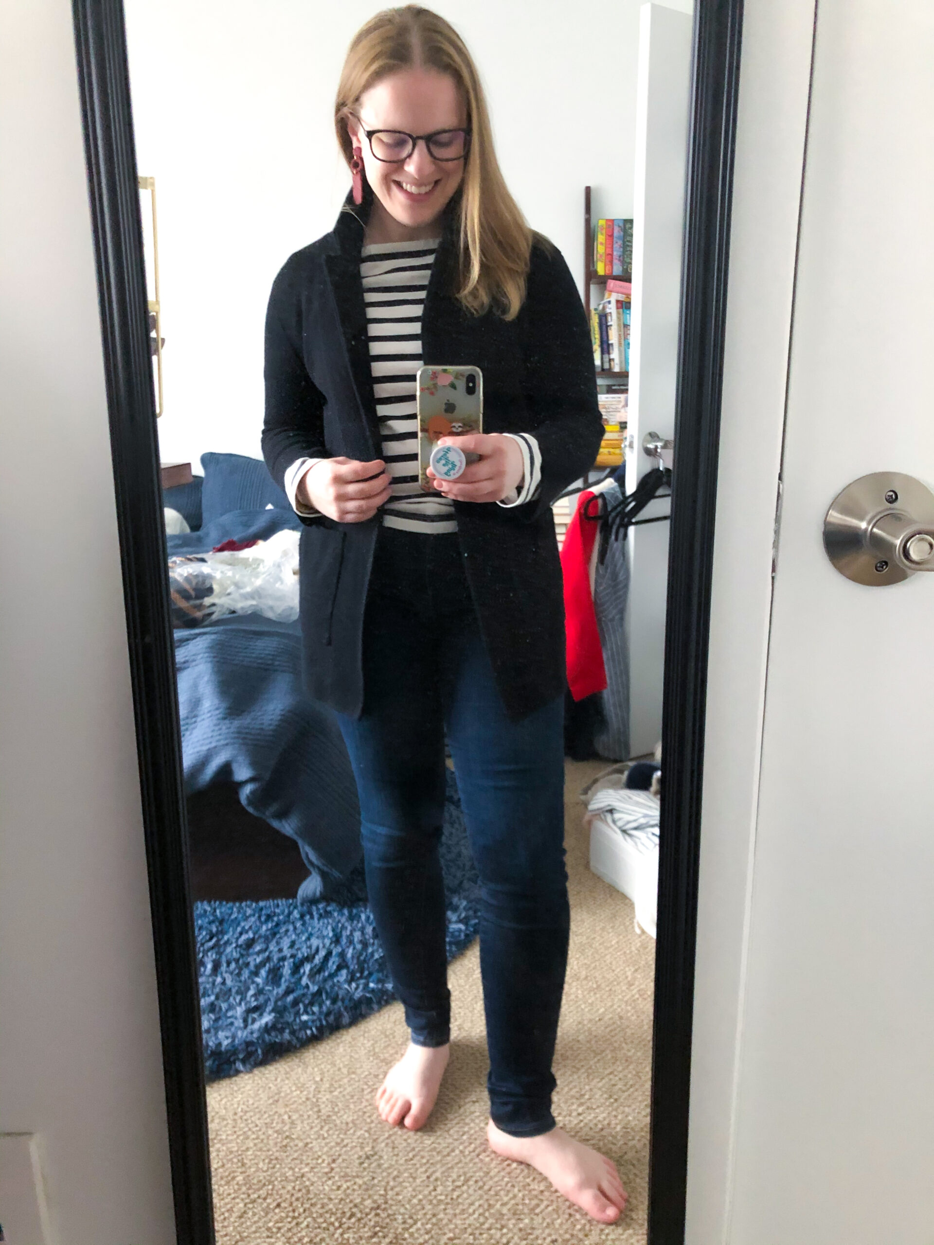 woman in black j.crew sweater blazer, What I'm Wearing