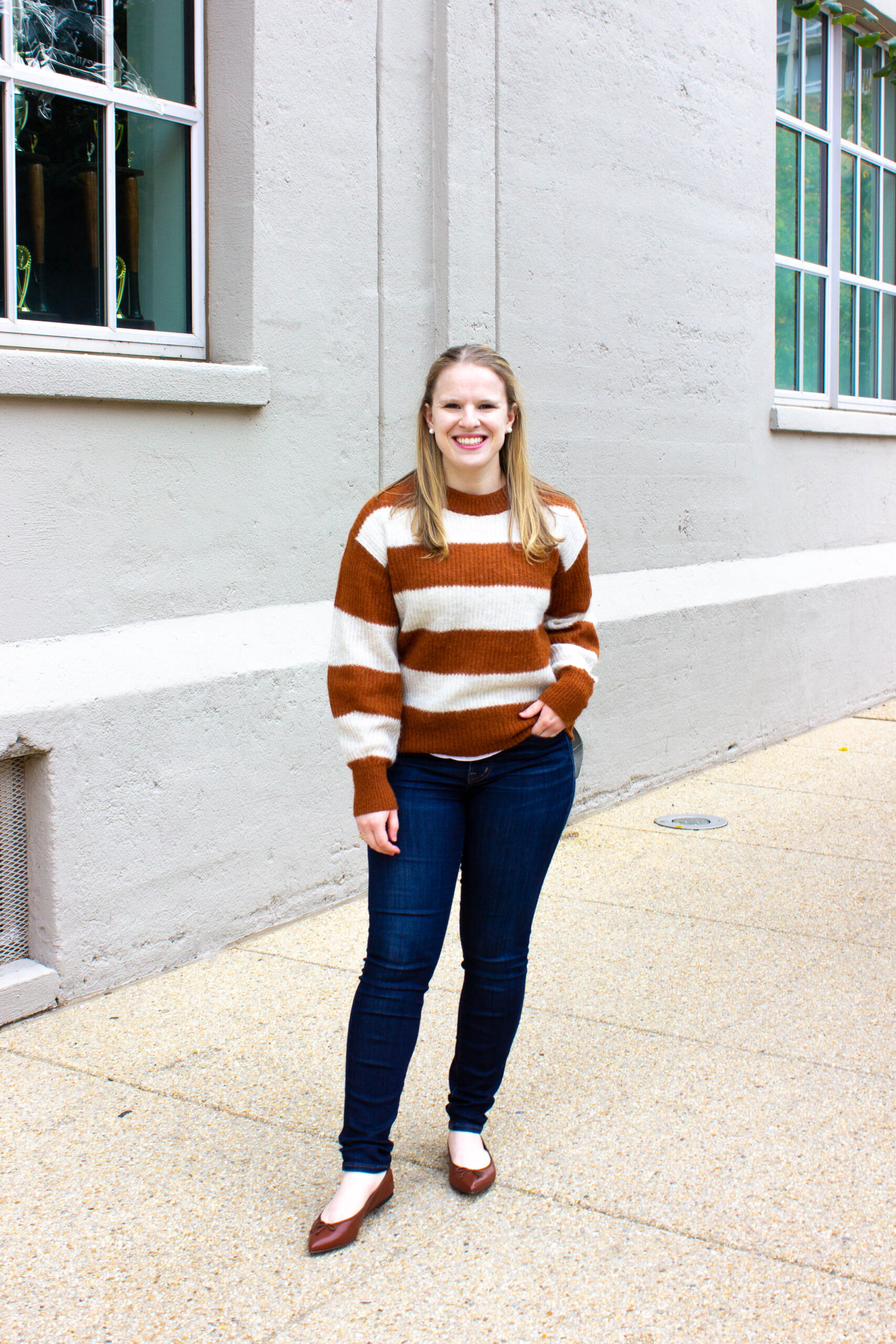 woman blogger wearing Madewell denim and brown flats